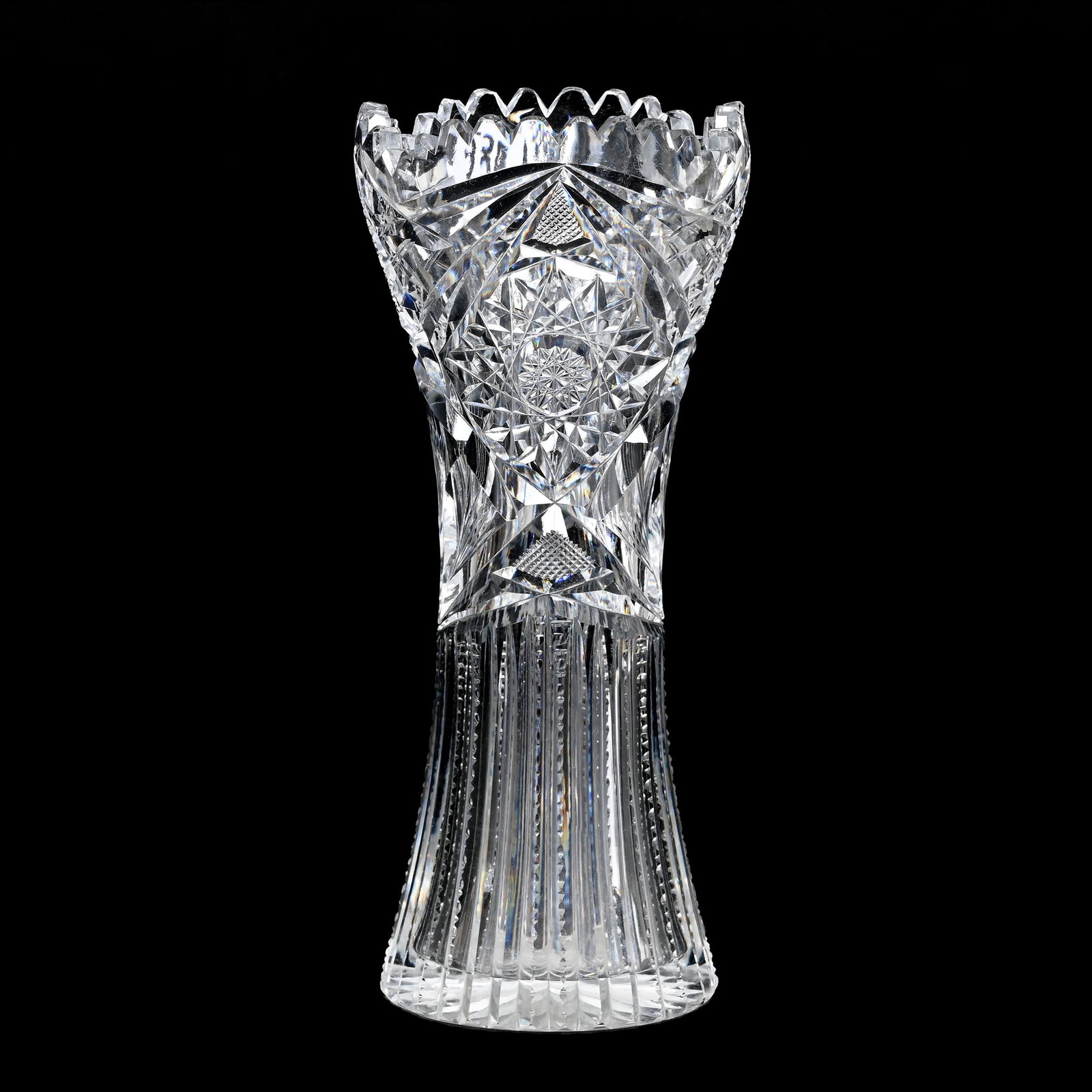 Vase, ABCG: Vase, ABCG, 10" x 4.25", Hobstar, Crosscut Diamond, Prism, Strawberry Diamond, Prism And Fan Motif, Ray Cut Base, Nebraska Private Collection.