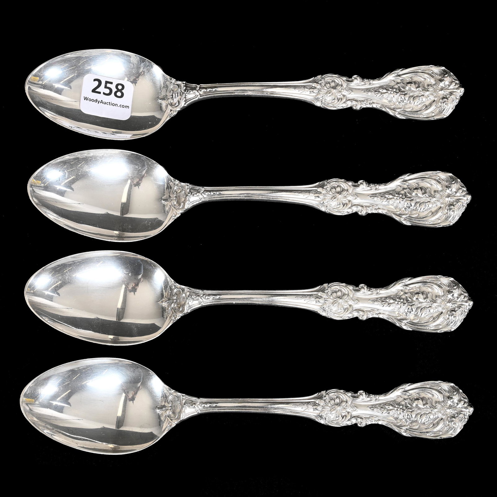 (4) Dessert Spoons, Francis 1st Sterling Silver: (4) Dessert Spoons, Francis 1st Sterling Silver, 7.25", By Reed & Barton, Total Weight Of 248 Grams, Nebraska Private Collection.