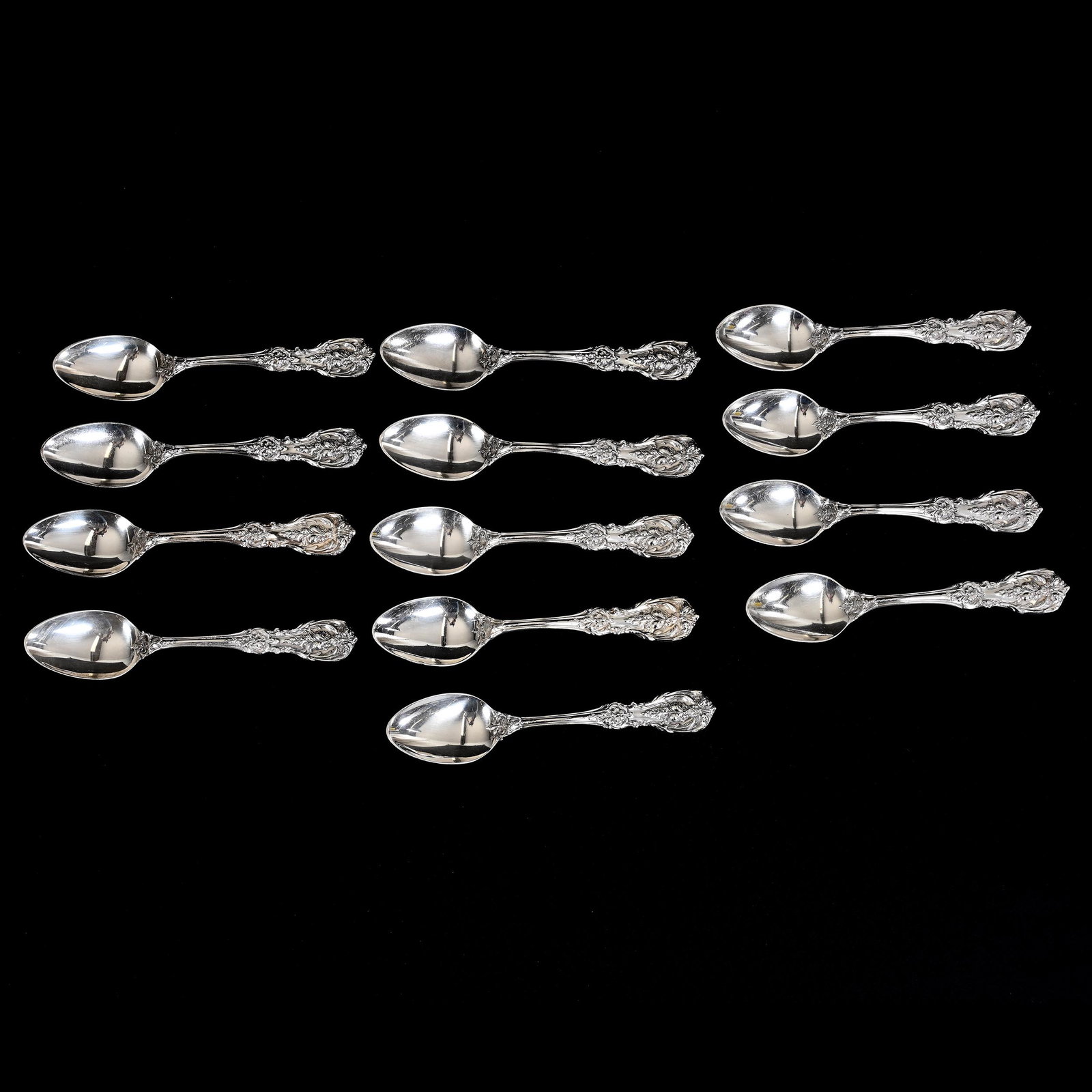 (13) Teaspoons, Francis 1st Sterling Silver: (13) Teaspoons, Francis 1st Sterling Silver, 6", By Reed & Barton, Total Weight Of 455 Grams, Nebraska Private Collection.