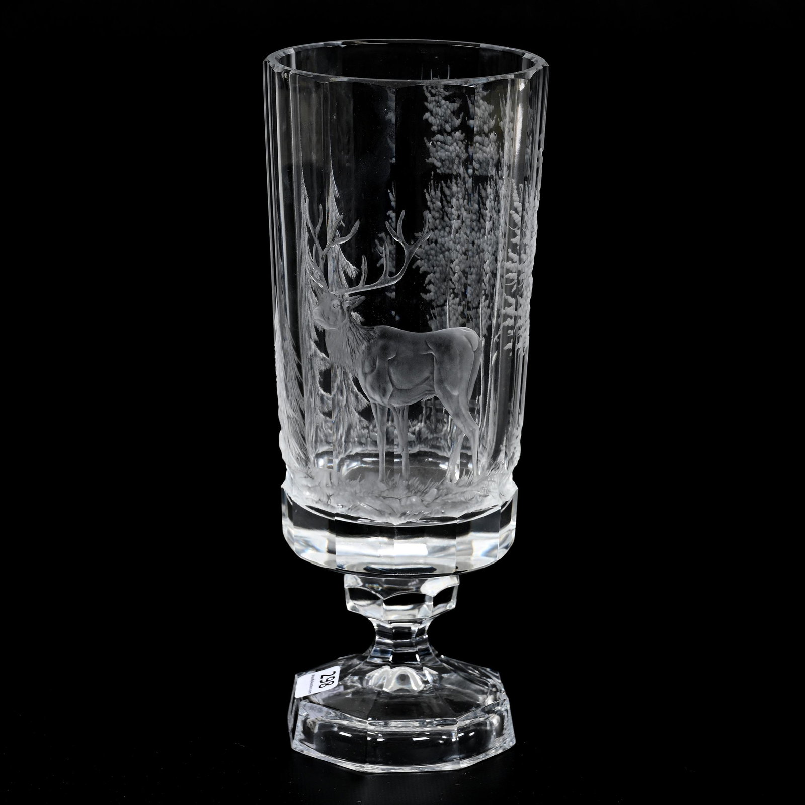 Pedestal Vase, Clear With Engraved Stag & Tree Design: Pedestal Vase, Clear With Engraved Stag & Tree Design, 10.5" x 4", Unknown Engraver, Pennsylvania Private Collection.