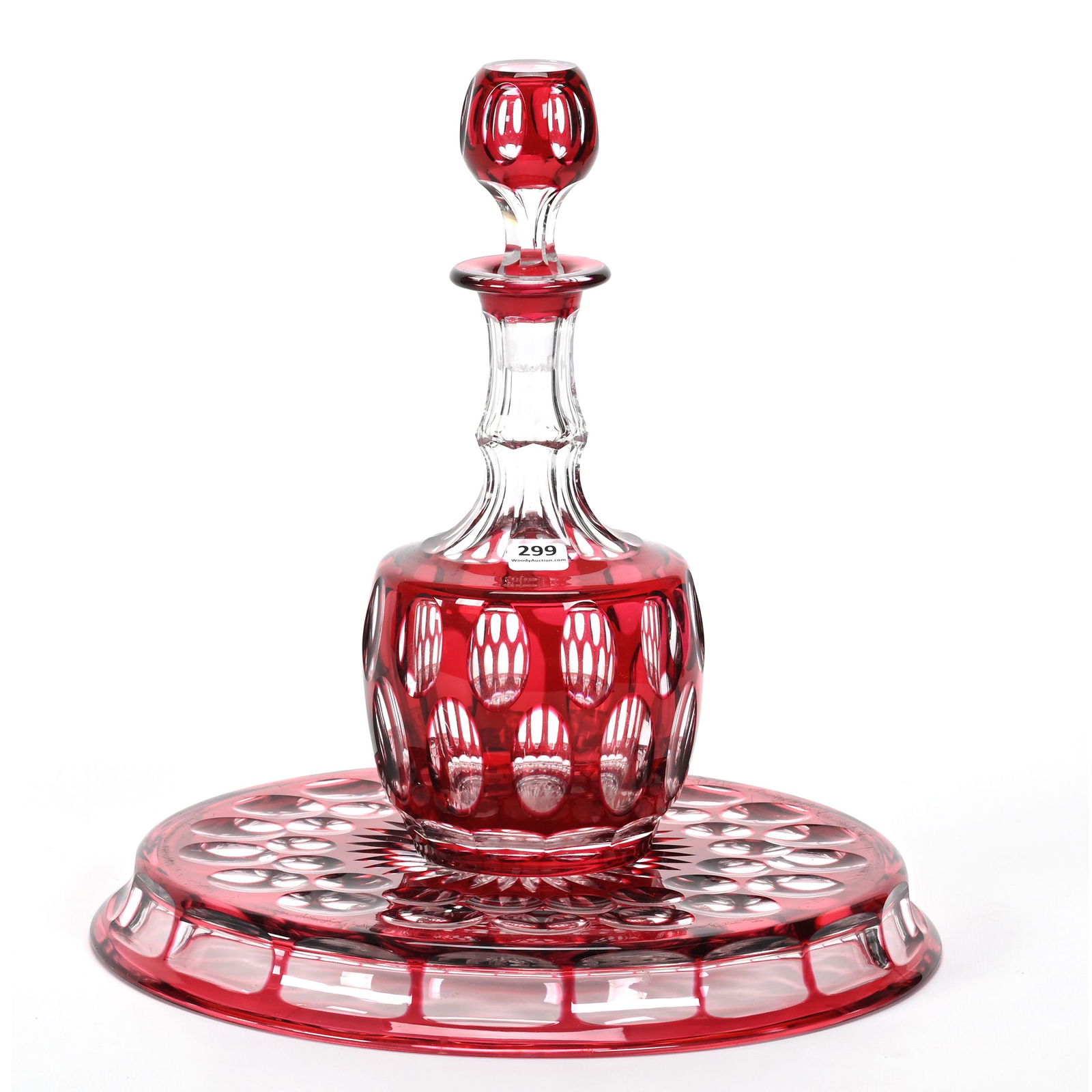 Decanter & Matching Tray, Cranberry Cut To Clear (1 of 4)