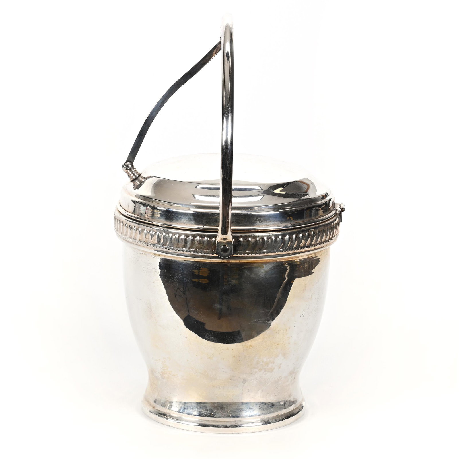 Ice Bucket, Silver Over Copper: Ice Bucket, Silver Over Copper, 13" x 8.5", Vacuum Insulated, Mechanical Swing Lid, No Maker's Mark Visible, Height Measured With Handle Up, Lid Has Some Stress Lines Around Rim, Sylvia & The Late Nol