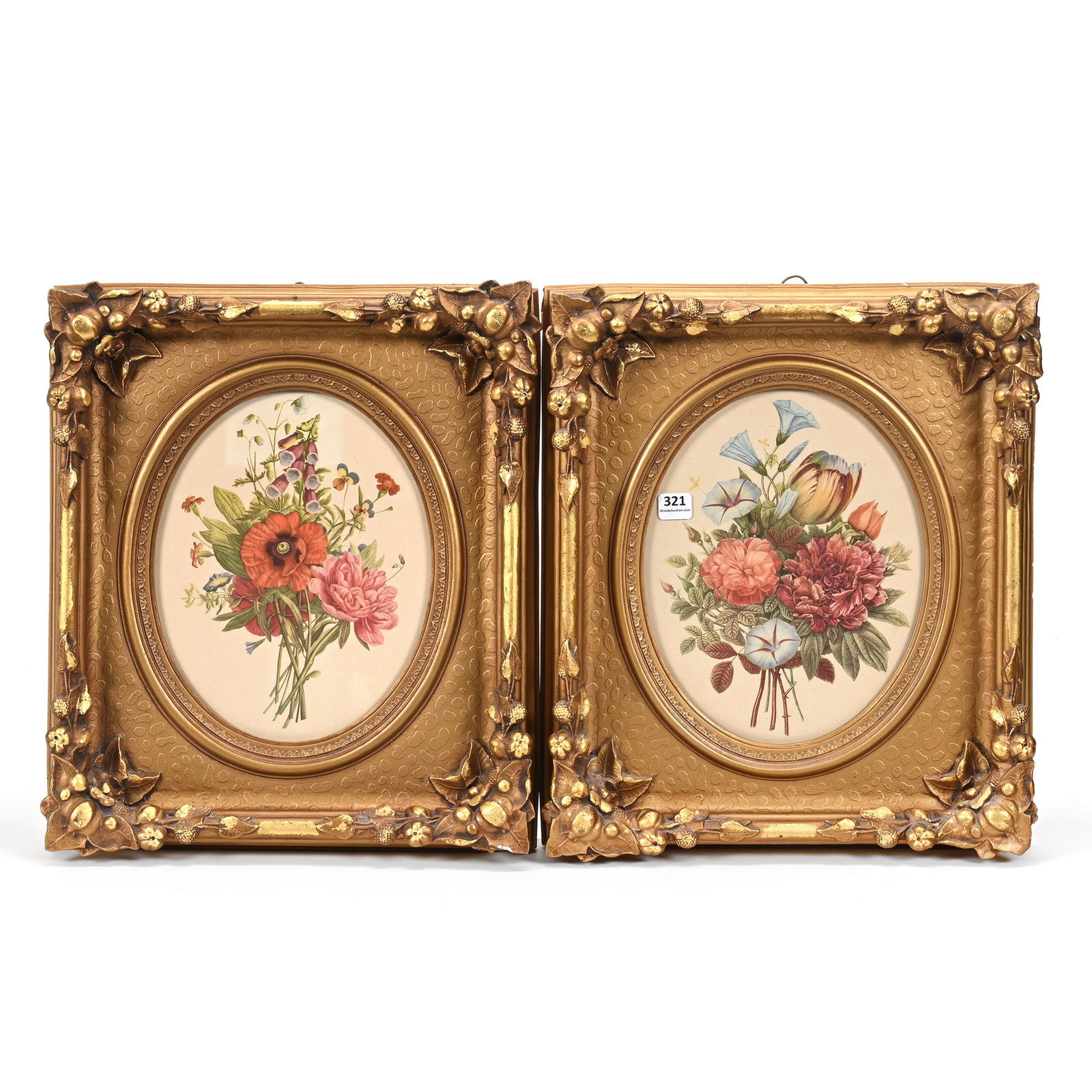 Pair Floral Prints In Ornate Solid Gesso Frames (1 of 5)