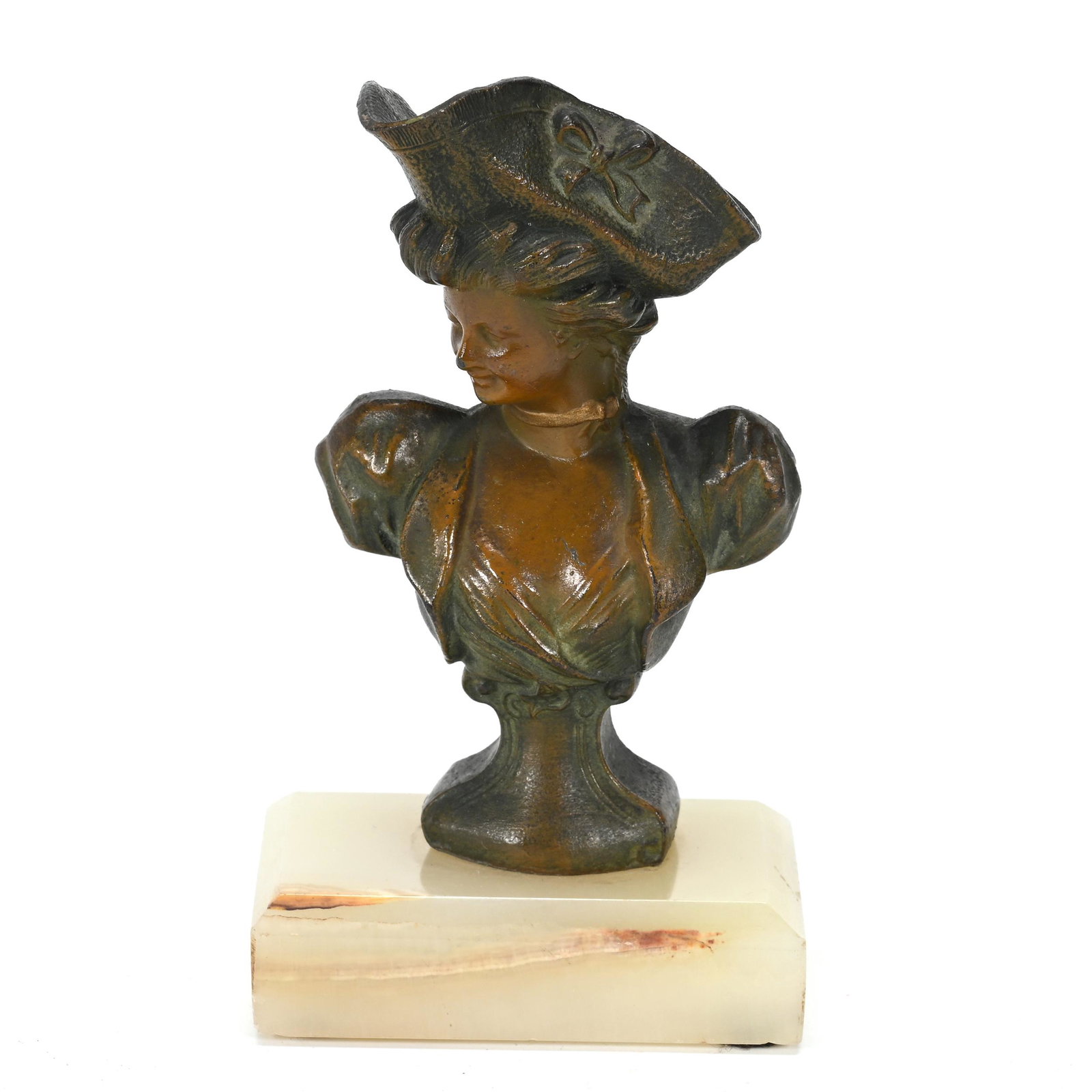 Metal Bust, Young Woman, French Style Hat: Metal Bust, Young Woman, French Style Hat, 5" x 2.75", Mounted On Marble Base, No Markings Visible, Sylvia & The Late Nolan Jackson.