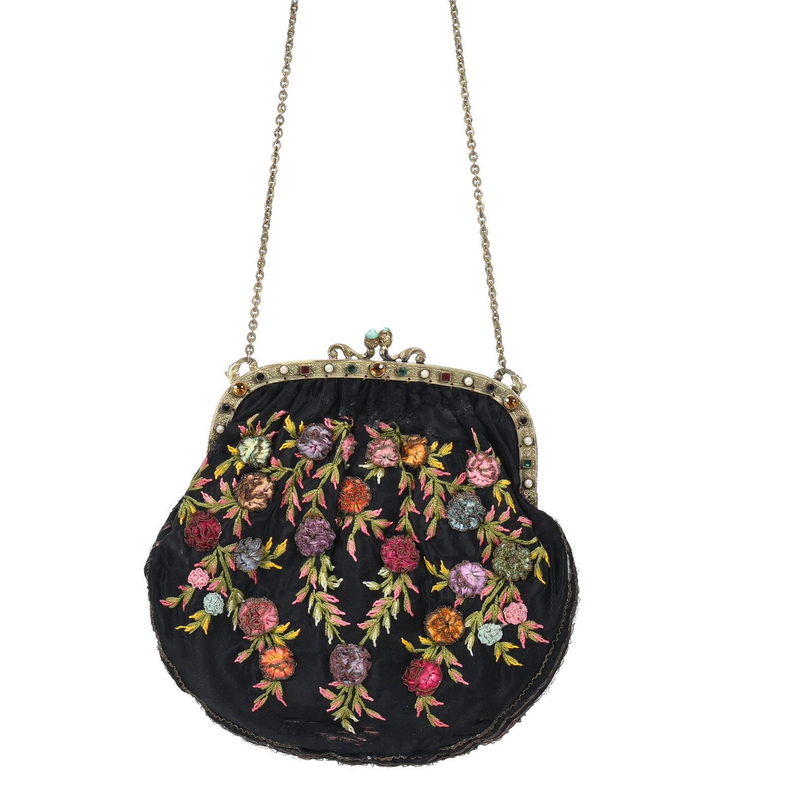 Evening Bag, Black Fabric, Needlework Flowers (1 of 3)