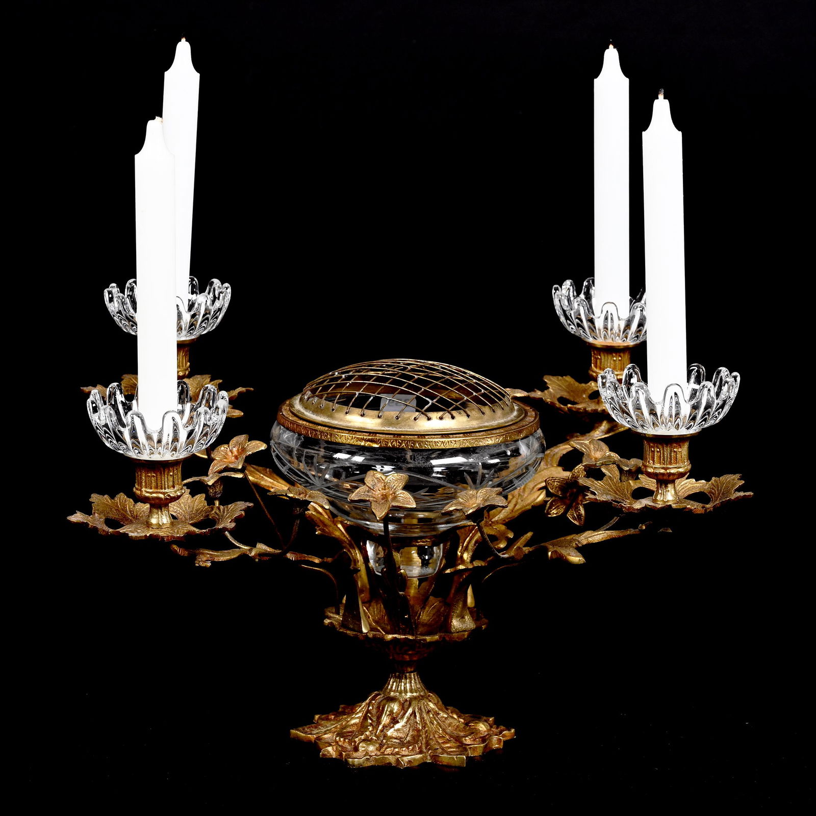 Candelabra Flower Center: Candelabra Flower Center, 10" x 15", Brass Four Arm Centerpiece With Removeable Glass Bowl Center With Flower Frog, Four Clear Crystal Bobeches, Sylvia & The Late Nolan Jackson.