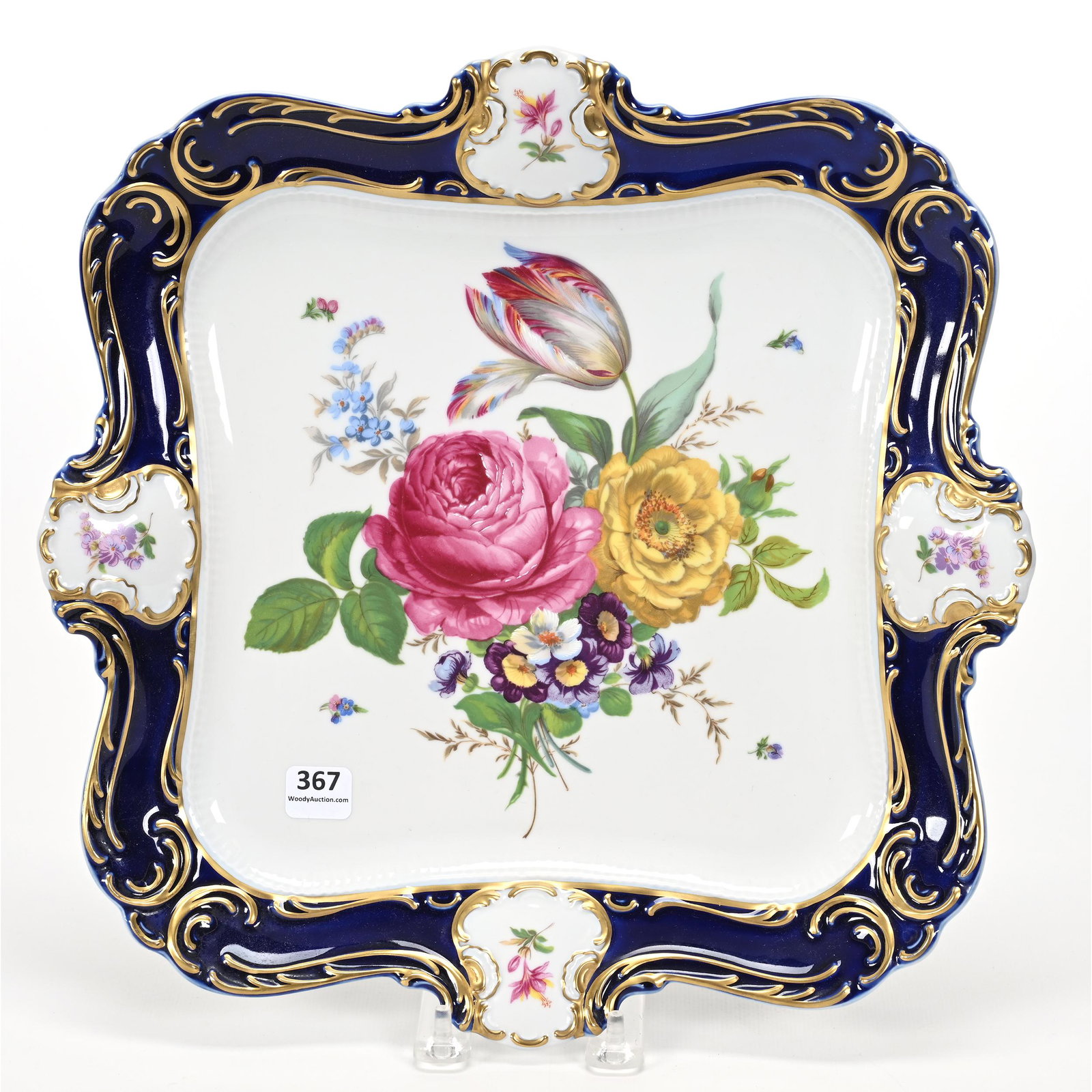 Square Tray Marked Seysryed Meissen: Square Tray Marked Seysryed Meissen, 13", White And Cobalt Blue With Colorful Floral Decor, Gold Trim Highlights, Sylvia & The Late Nolan Jackson.