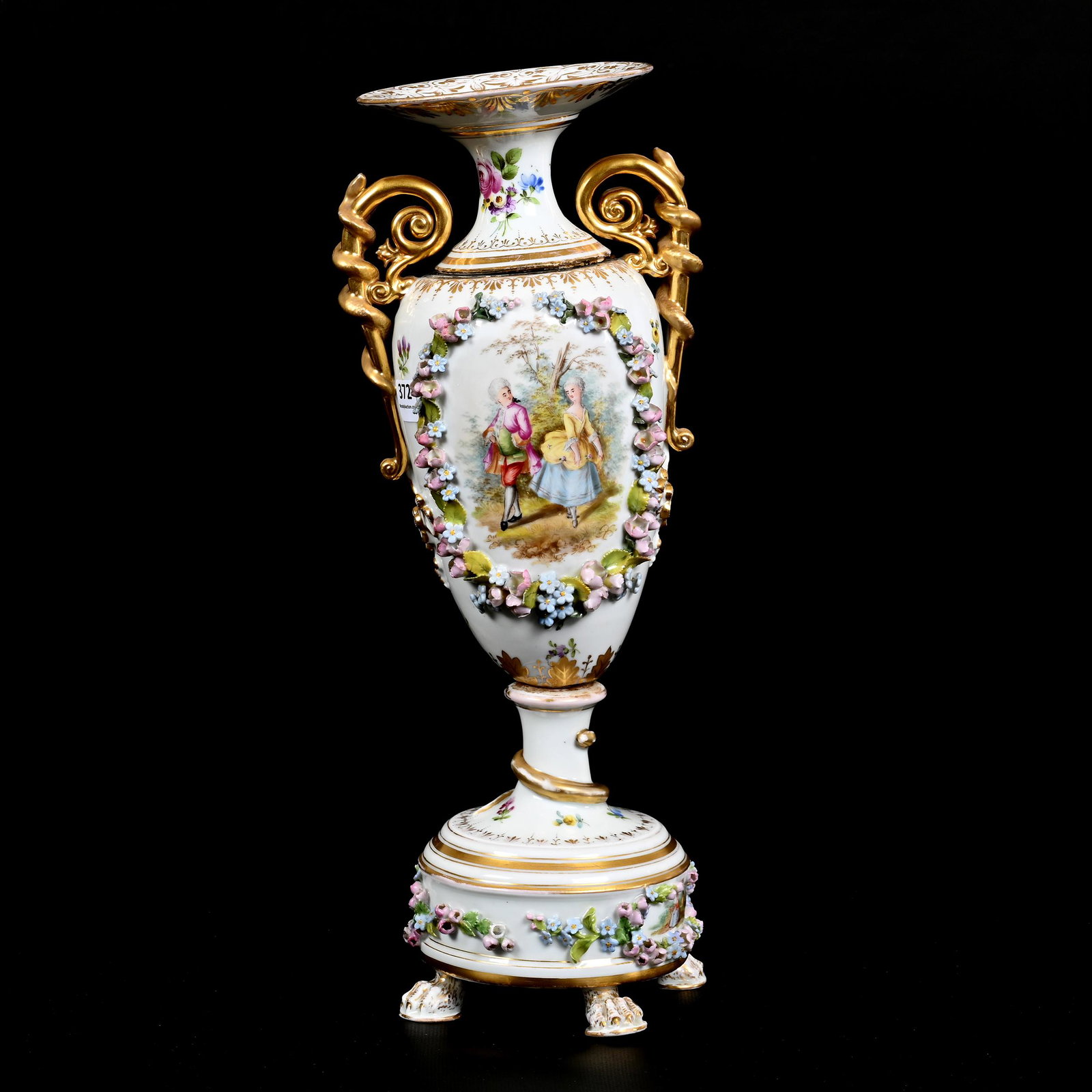 Pedestal Urn, Dresden Marked Carl Thiene: Pedestal Urn, Dresden Marked Carl Thiene, 15.5" x 6", Marked Registered In 1876, White With Colorful Floral Decor And Courting Scene, Applied Floral Wreath Design, Claw Feet, Gilt Serpent Twist Handle