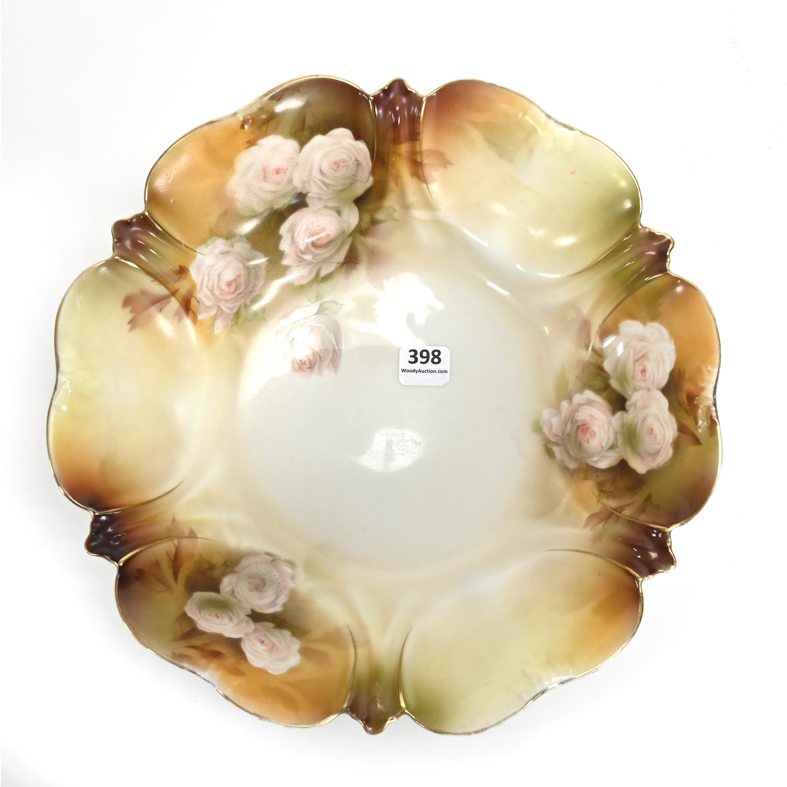 Bowl Marked R.S. Prussia: Bowl Marked R.S. Prussia, 3.25" x 10.25", Brown Tones With Pink Rose Decor, Larry & Sharla Michael.
