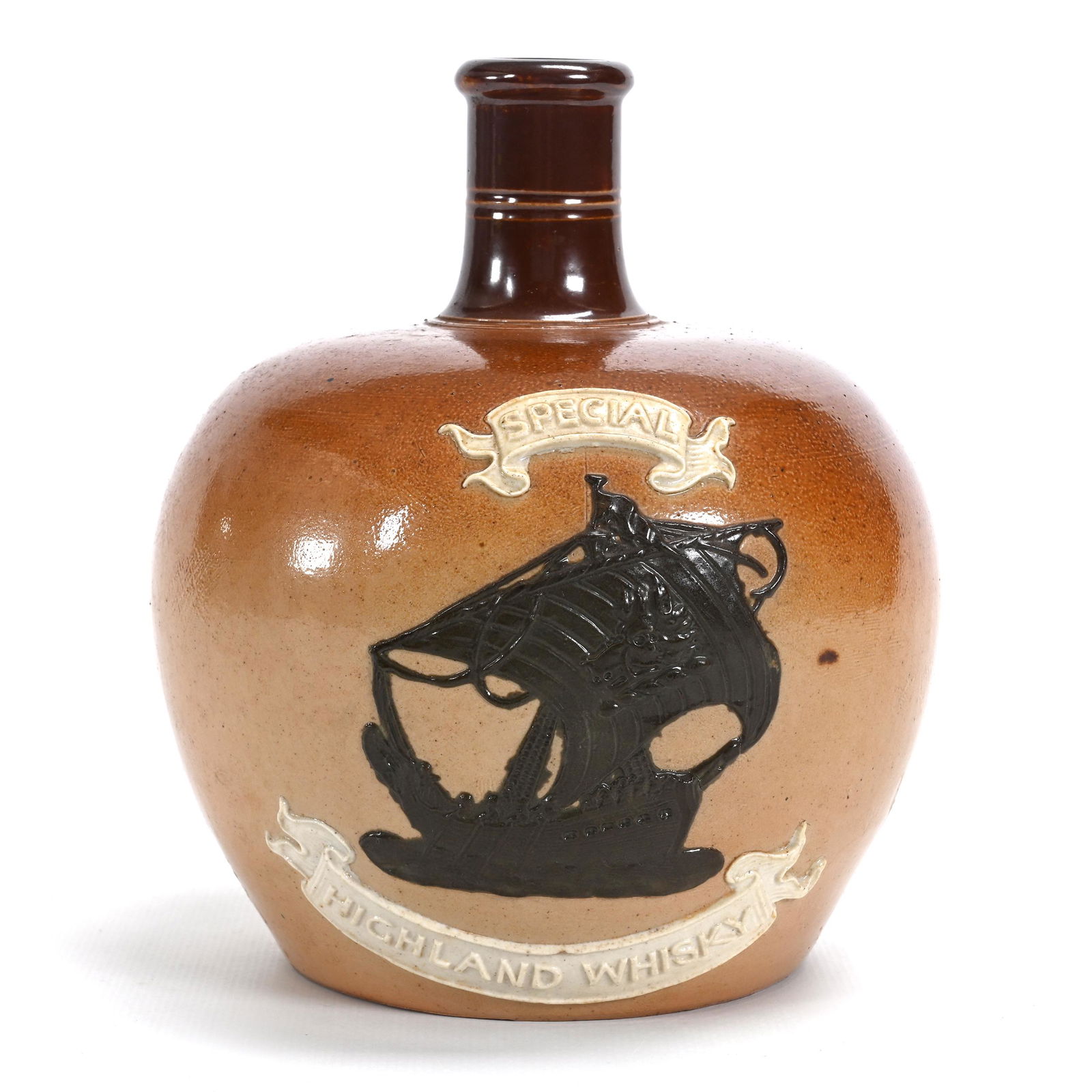 Jug Marked Royal Doulton #2148: Jug Marked Royal Doulton #2148, 6.75" x 5.5", Brown Tones With Viking Ship Design, Banner Reads "Special Highland Whiskey", Larry & Sharla Michael.
