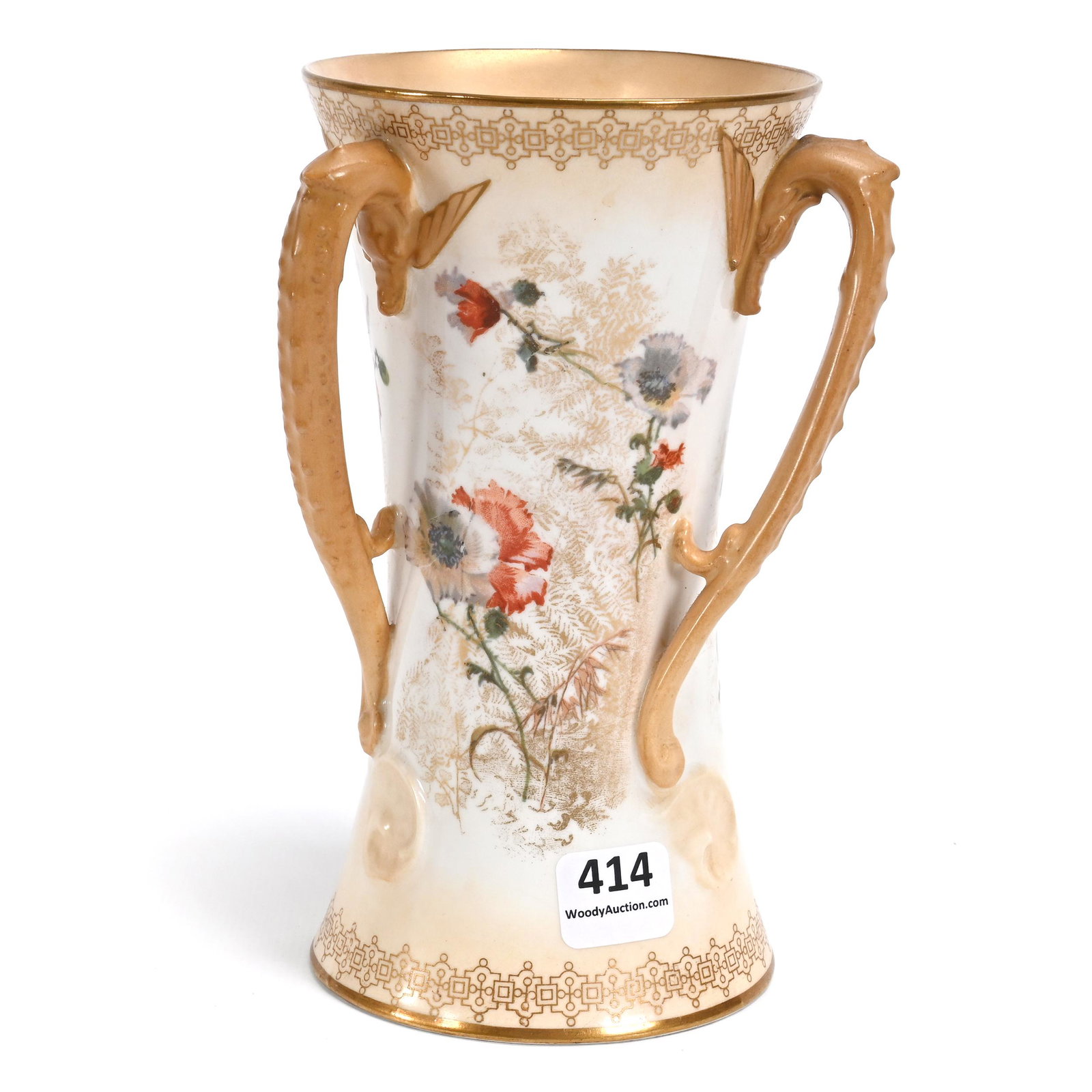 Loving Cup Marked Doulton Burslem: Loving Cup Marked Doulton Burslem, 6.75" x 4.75", Cream Tones With Floral Poppy Decor, Three Figural Dragon Handles, Larry & Sharla Michael.