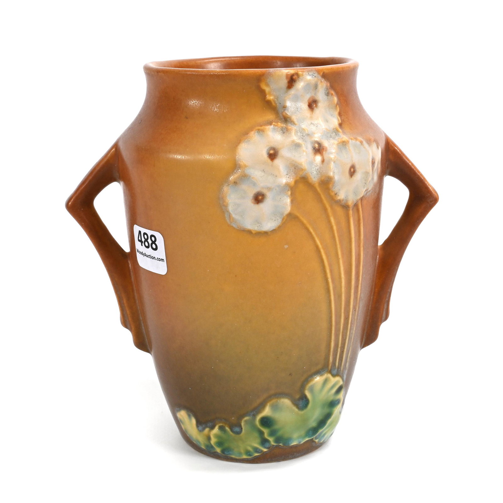 Vase, Roseville #760-6" Art Pottery: Vase, Roseville #760-6" Art Pottery, 6.5" x 6", Primrose Pattern, Brown Tones, Larry & Sharla Michael.
