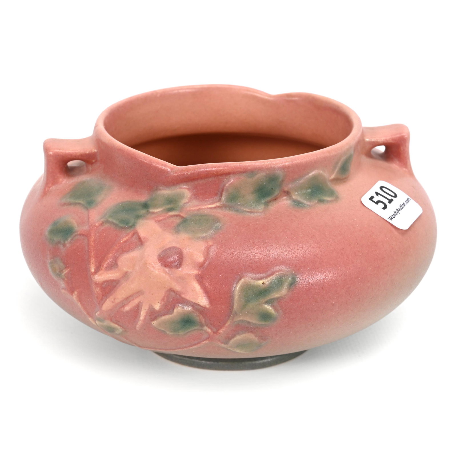 Vase, Roseville #655-3" Art Pottery: Vase, Roseville #655-3" Art Pottery, 2" X 5.25", Columbine Pattern, Mauve And Green Tones, Larry & Sharla Michael.