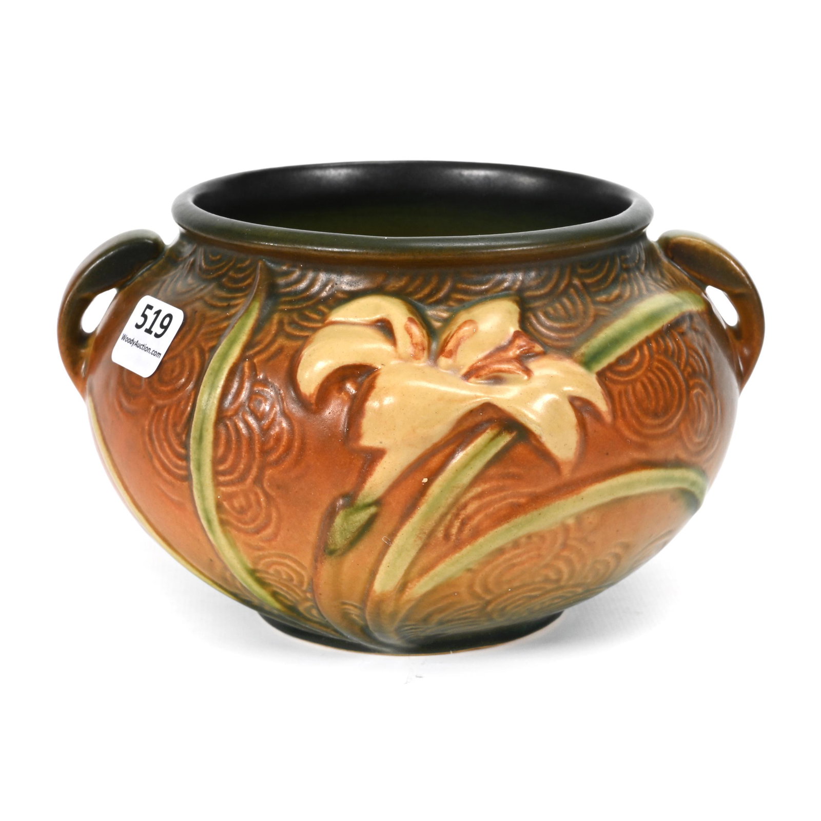 Bowl, Roseville #671-4" Art Pottery: Bowl, Roseville #671-4" Art Pottery, 4.25" x 6.75", Zephyr Lily Pattern, Green And Brown Tones, Larry & Sharla Michael.