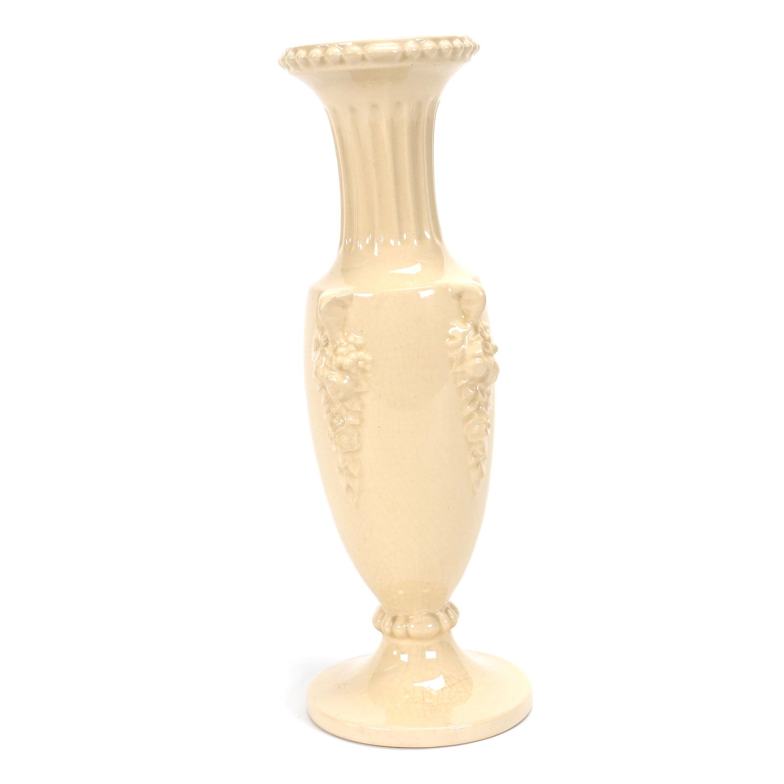 Pedestal Vase, Roseville Art Pottery: Pedestal Vase, Roseville Art Pottery, 10" x 3.5", Impressed "R" Mark, Savona Pattern, White, Larry & Sharla Michael.