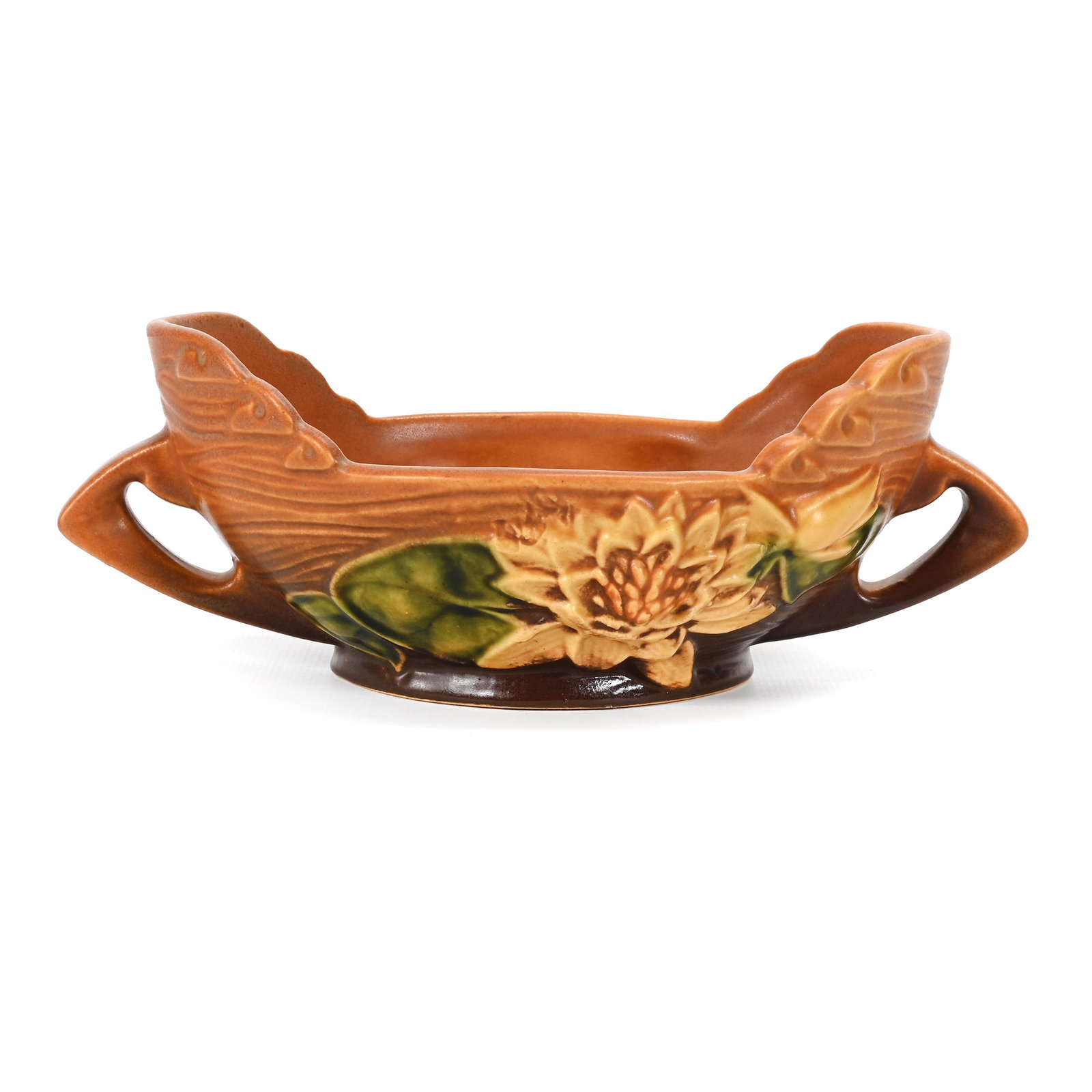 Bowl, Roseville #439-6" Art Pottery: Bowl, Roseville #439-6" Art Pottery, 3" x 8.5", Waterlily Pattern, Brown Tones, Larry & Sharla Michael.
