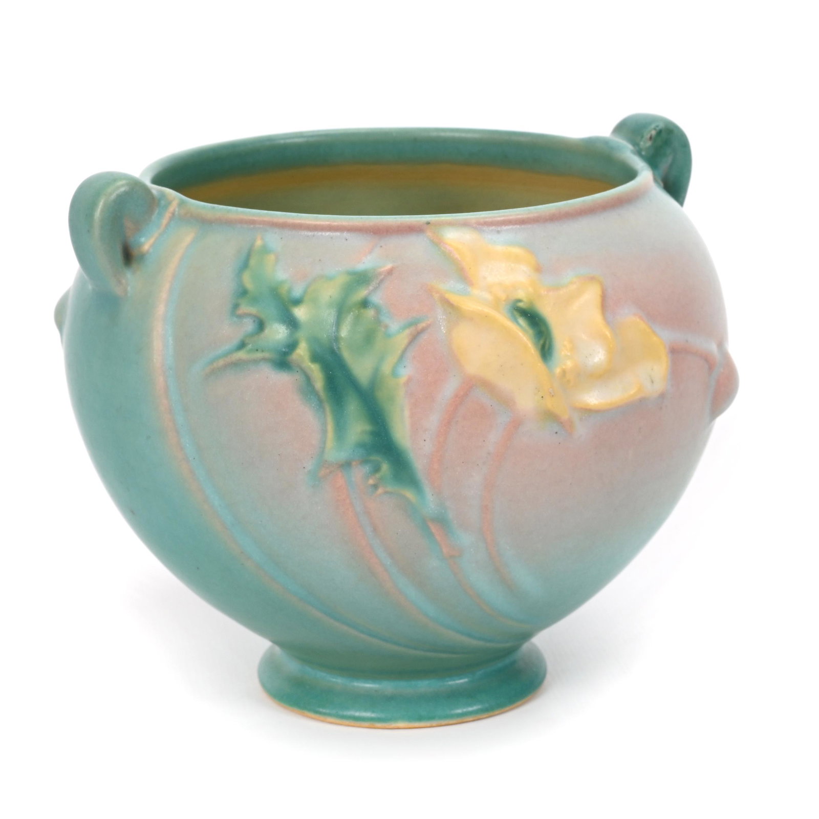 Vase, Roseville #642-4" Art Pottery: Vase, Roseville #642-4" Art Pottery, 5" x 6", Poppy Pattern, Green And Pink Tones, Larry & Sharla Michael.