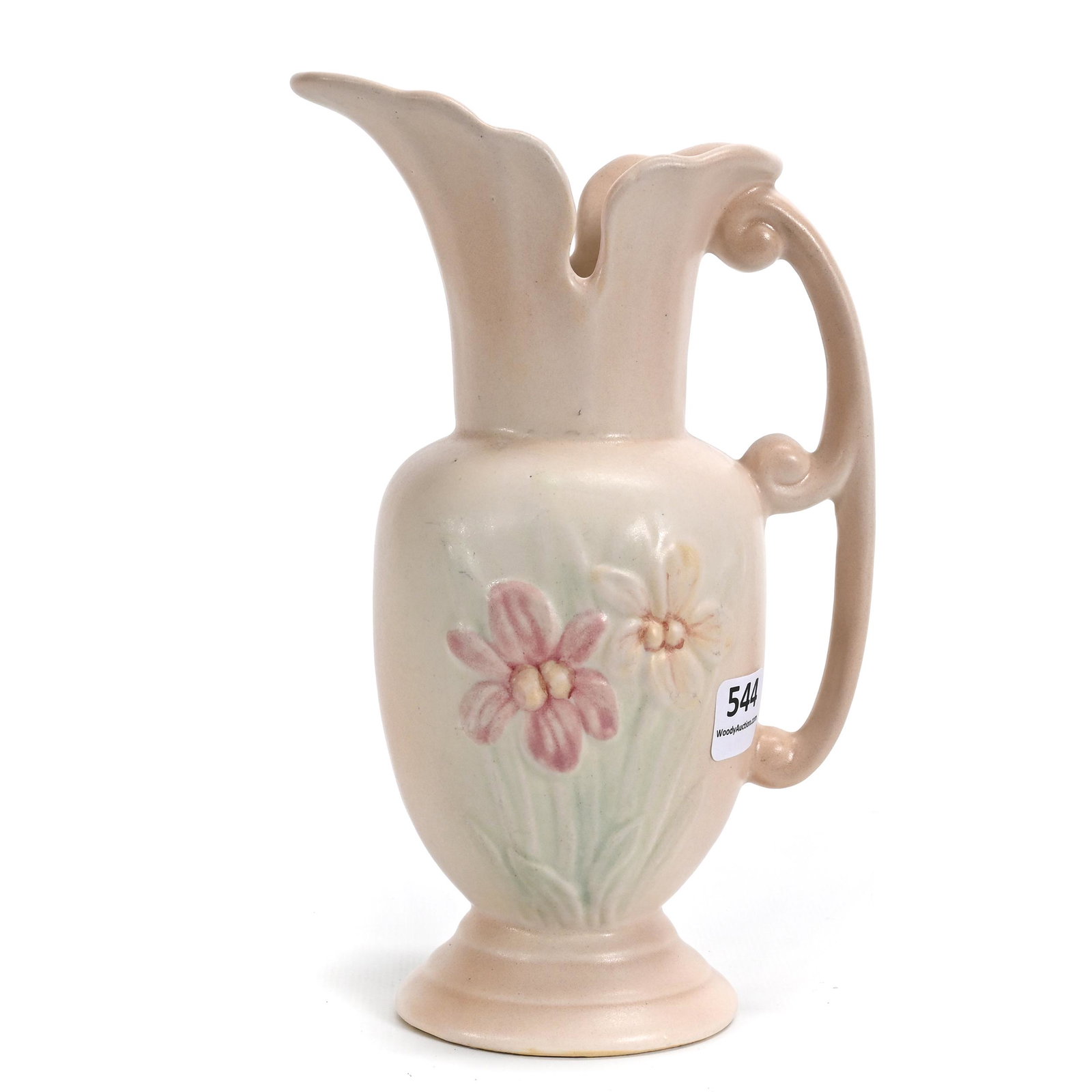 Ewer, Hull Art Pottery, #401-8": Ewer, Hull Art Pottery, #401-8", 8" x 4.25", Iris Pattern, Cream Tones, Larry & Sharla Michael.