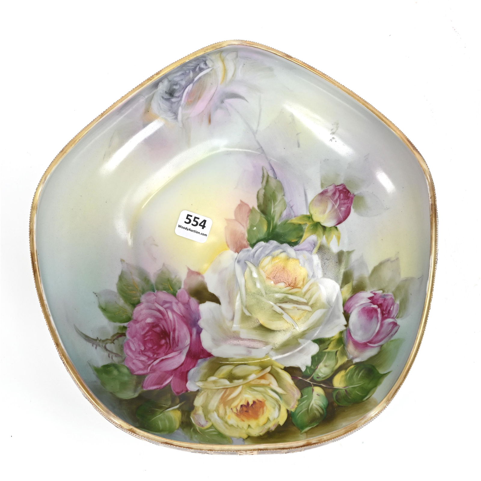 Footed Bowl Marked Noritake: Footed Bowl Marked Noritake, 3.5" x 9.75", Five Sided, Pink, Yellow And White Rose Decor, Brown, Black And Gold Border Highlights, Michael Tooley Collection, St. Louis.
