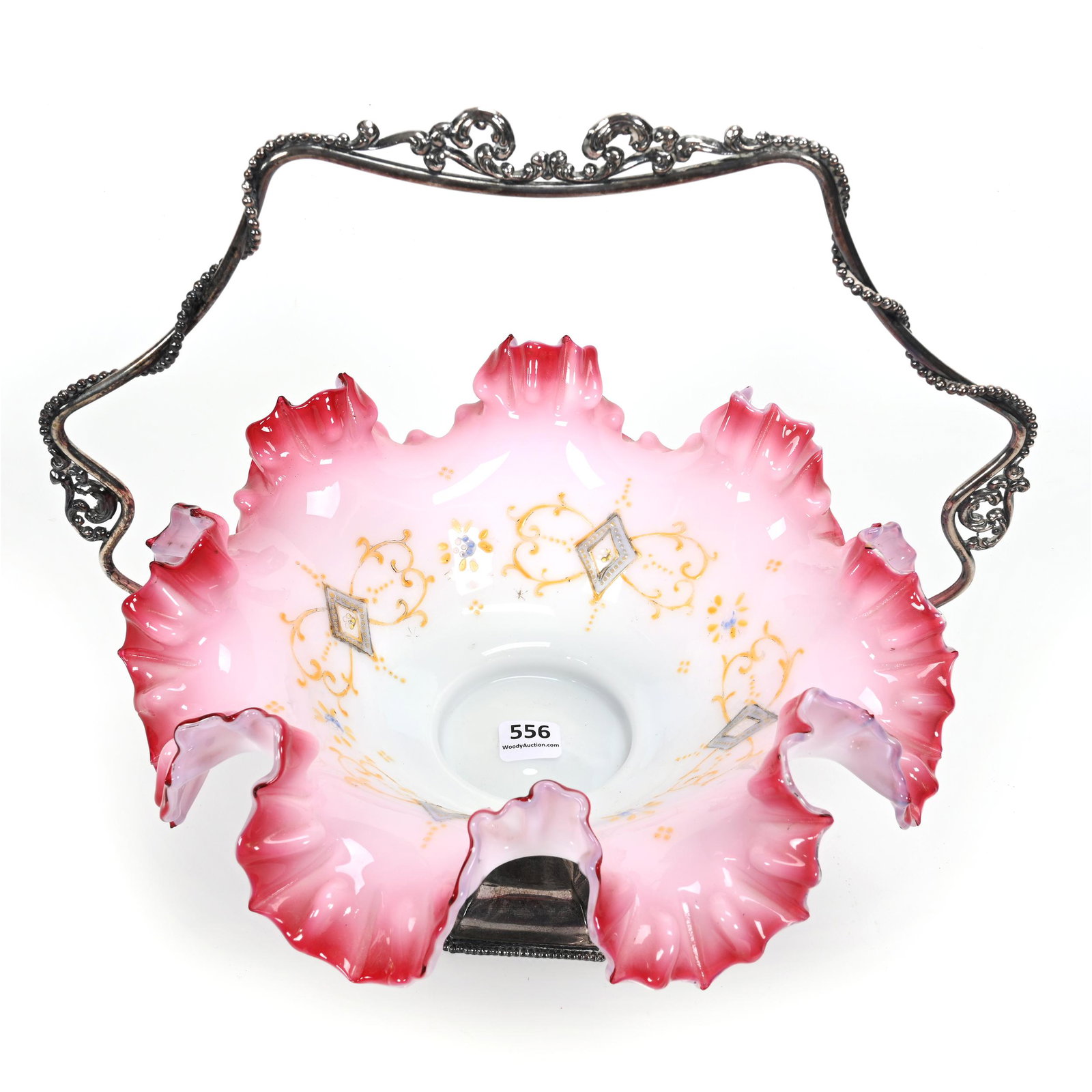 Victorian Brides Basket: Victorian Brides Basket, 12" x 11.75", Pink And White Cased Art Glass Ruffled Bowl With Enamel Floral Decor, Set On Van Bergh #1282 Silverplate Frame, Michael Tooley Collection, St. Louis.