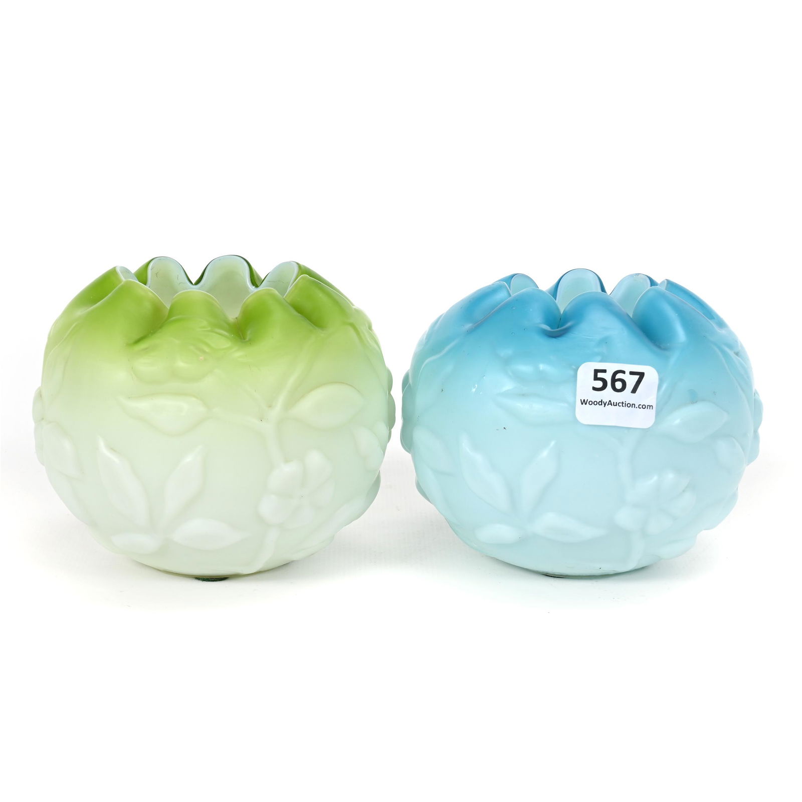 (2) Rose Bowls, Satin Art Glass With Floral Design (1 of 5)