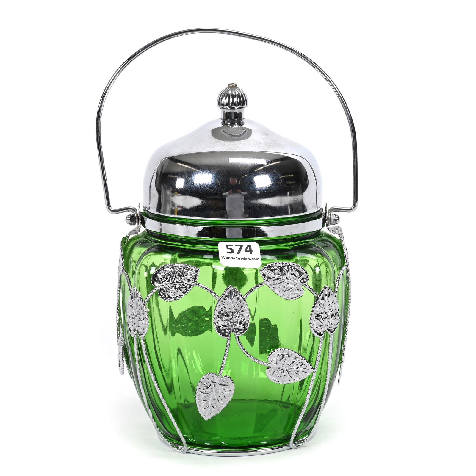 Biscuit Jar Marked Japan, Green Pattern Glass (1 of 6)