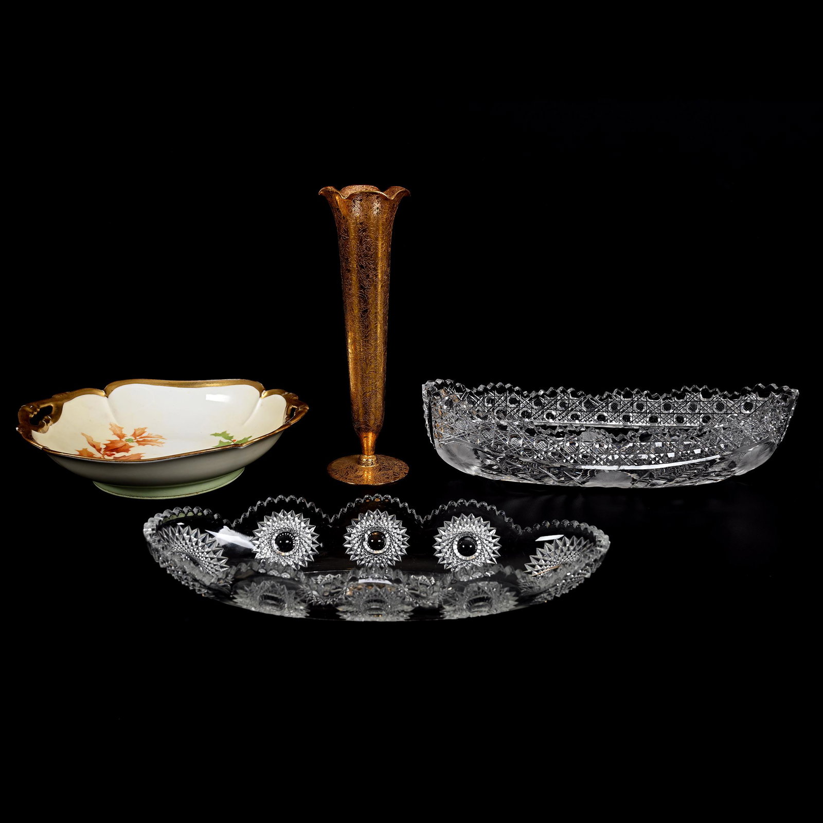 (4) Assorted Items: (4) Assorted Items, (1) 9.75" Pedestal Bud Vase, Clear Glass With Floral Acid Design, All Over Gold, (1) 12.5" Canoe Celery Tray, ABCG, Floral And Harvard Pattern, One Large Tooth Chip, (1) 11.75" Cel