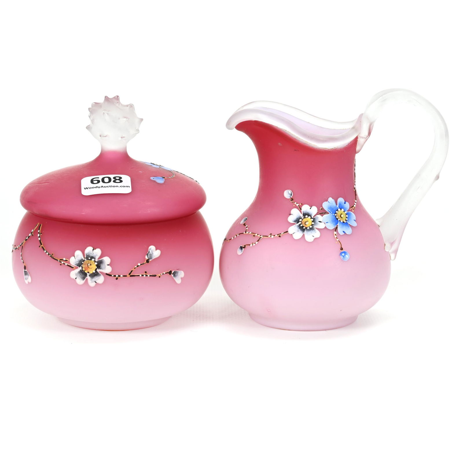 Creamer & Covered Sugar Set, Pink Satin Art Glass (1 of 9)