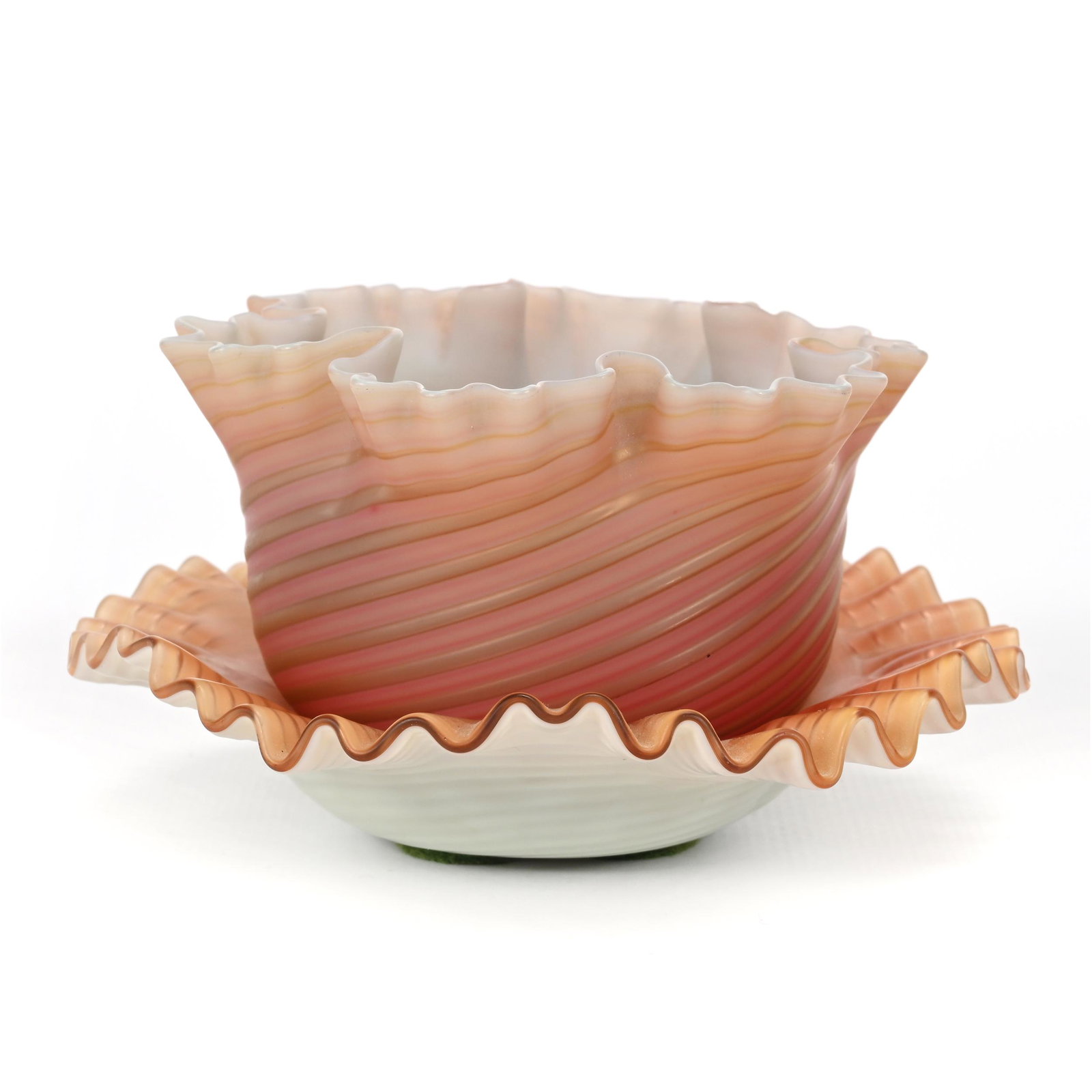 Bowl & Underplate, Pompeian Swirl Art Glass: Bowl & Underplate, Pompeian Swirl Art Glass, 2.5" x 4.75", By Stevens & Williams, Beautiful Coloration Of Amber Shading To Deep Red, Ruffled Rim, Super Nice Quality, Personal collection, Michigan.