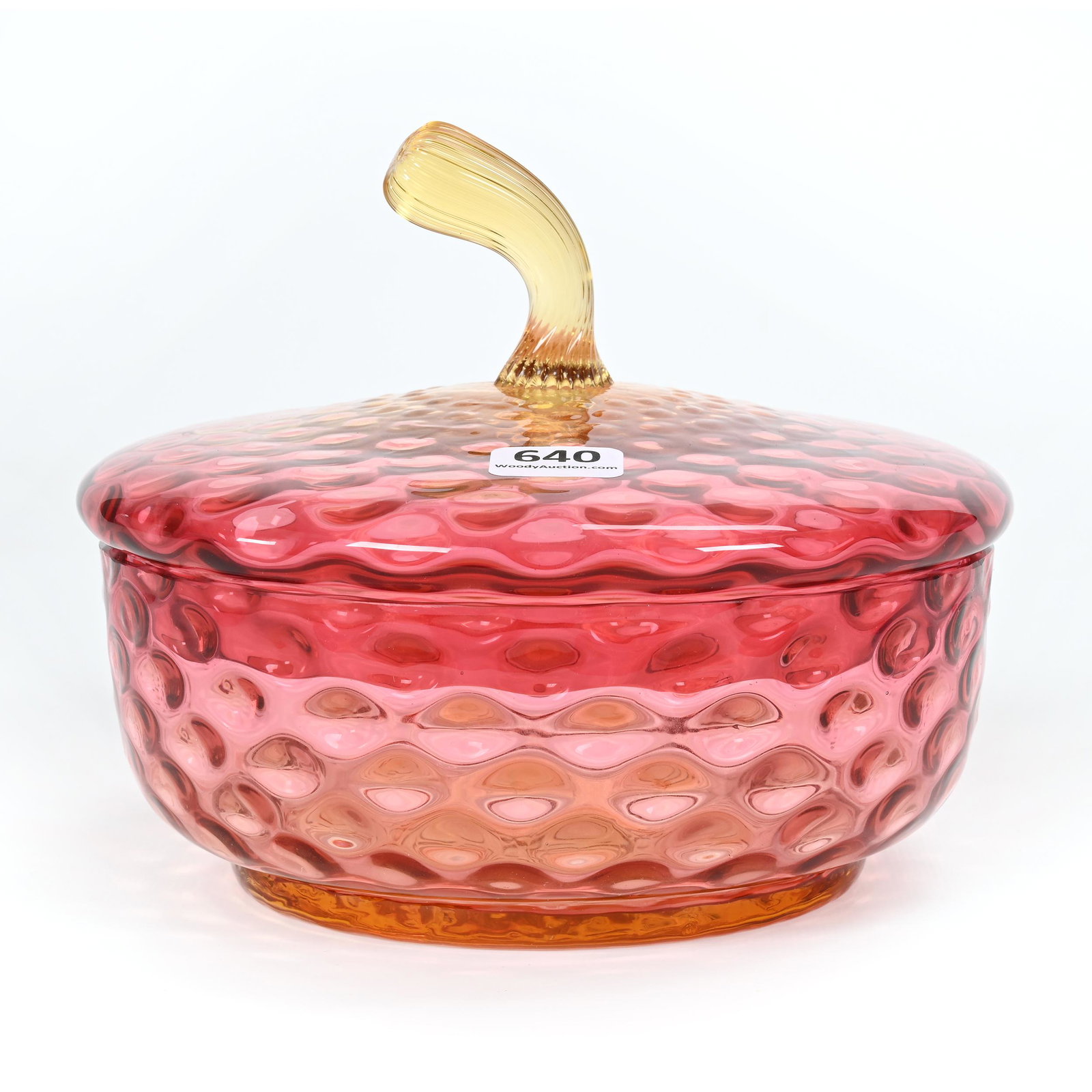 Round Covered Box, Amberina Art Glass, Coinspot: Round Covered Box, Amberina Art Glass, Coinspot, 5.5" x 6.75", Applied Ribbed Finial, Illinois personal collection.