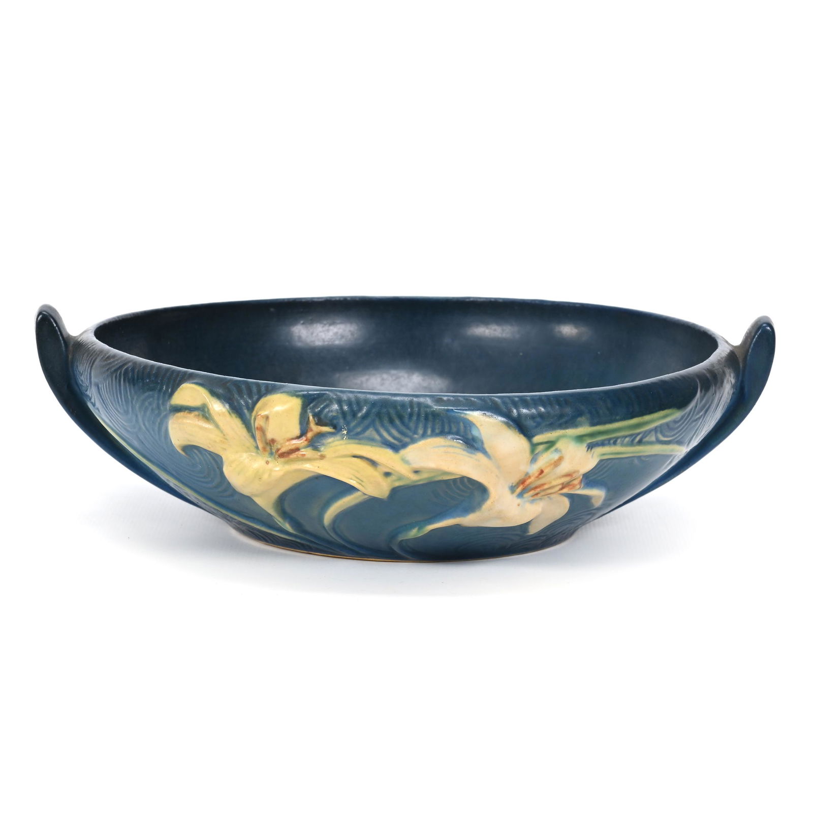 Bowl, Roseville Art Pottery #474-8": Bowl, Roseville Art Pottery #474-8", 8", Blue Tones, Zephyr Lily Pattern, Warren Taylor Collection, Kansas