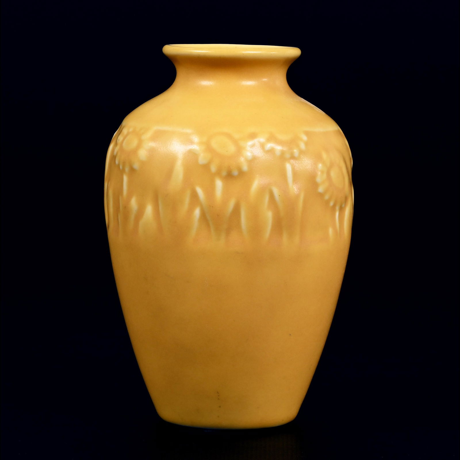 Vase, Rookwood #2591 Art Pottery, Dated 1928: Vase, Rookwood #2591 Art Pottery, Dated 1928, 5.5" x 3.5", Yellow With Embossed Sunflower Decor, Warren Taylor Collection, Kansas
