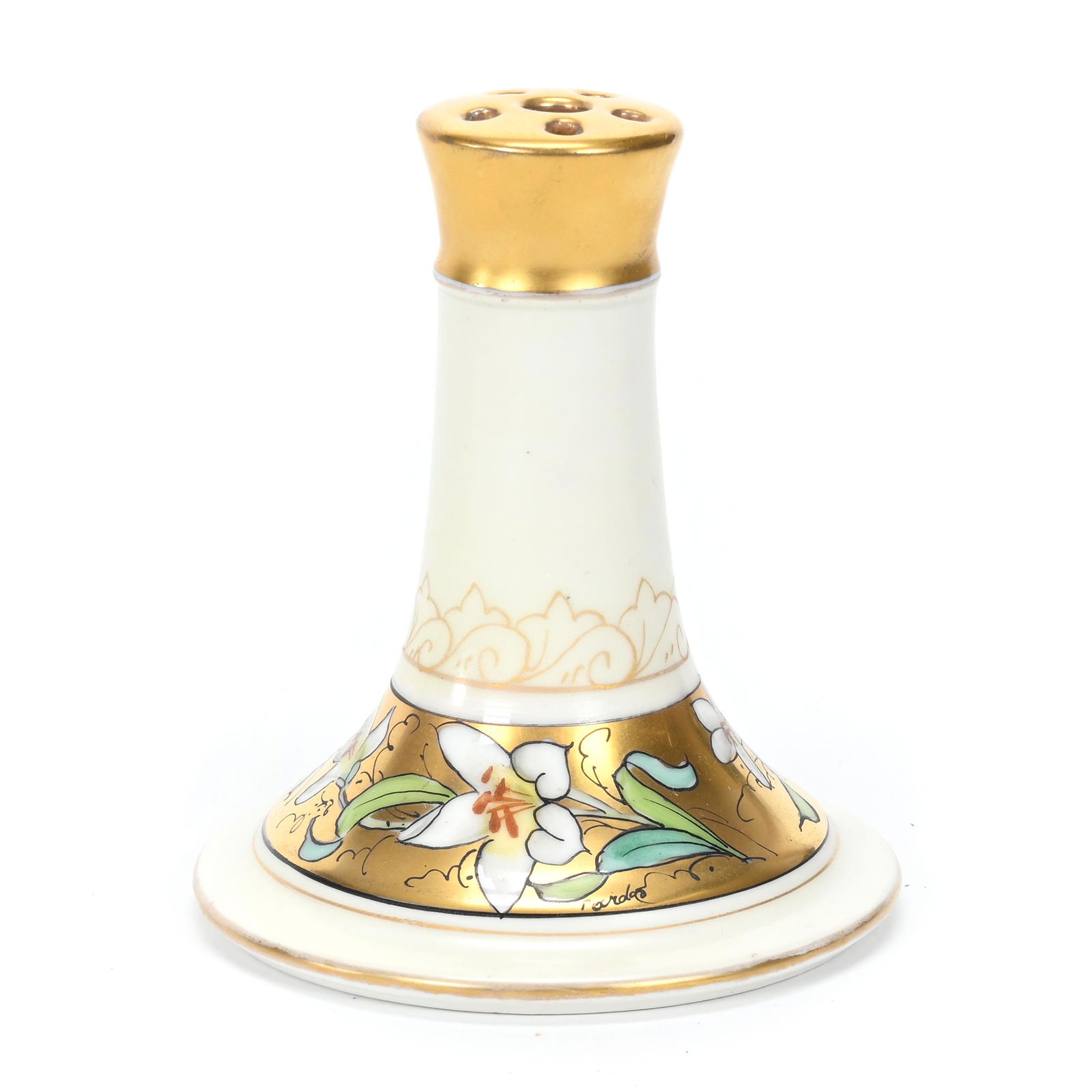 Hatpin Holder, Unmarked Chicago Studios: Hatpin Holder, Unmarked Chicago Studios, 4" x 3.5", Lily Floral Decor On Gold, Estate Of Alan B. Reed, Author Of Collectors Encyclopedia Of Pickard China