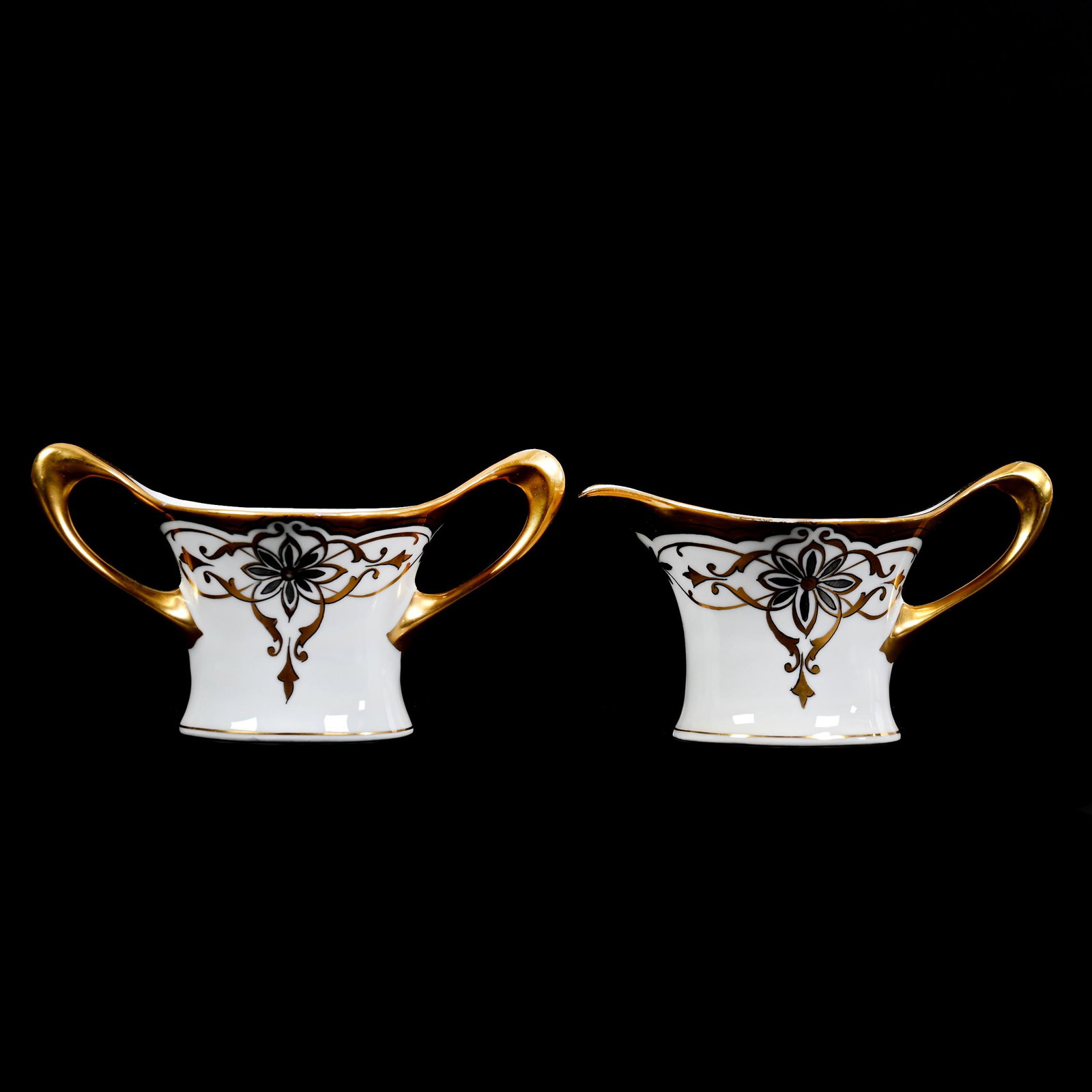 Creamer & Sugar Set Marked Stouffer: Creamer & Sugar Set Marked Stouffer, 3.5" x 6.5", White With Gold And Platinum Floral Design, Exactly As Shown In Pickard Book By Reed, Page 288, Artist Signed Bardos, Estate Of Alan B. Reed, Author O
