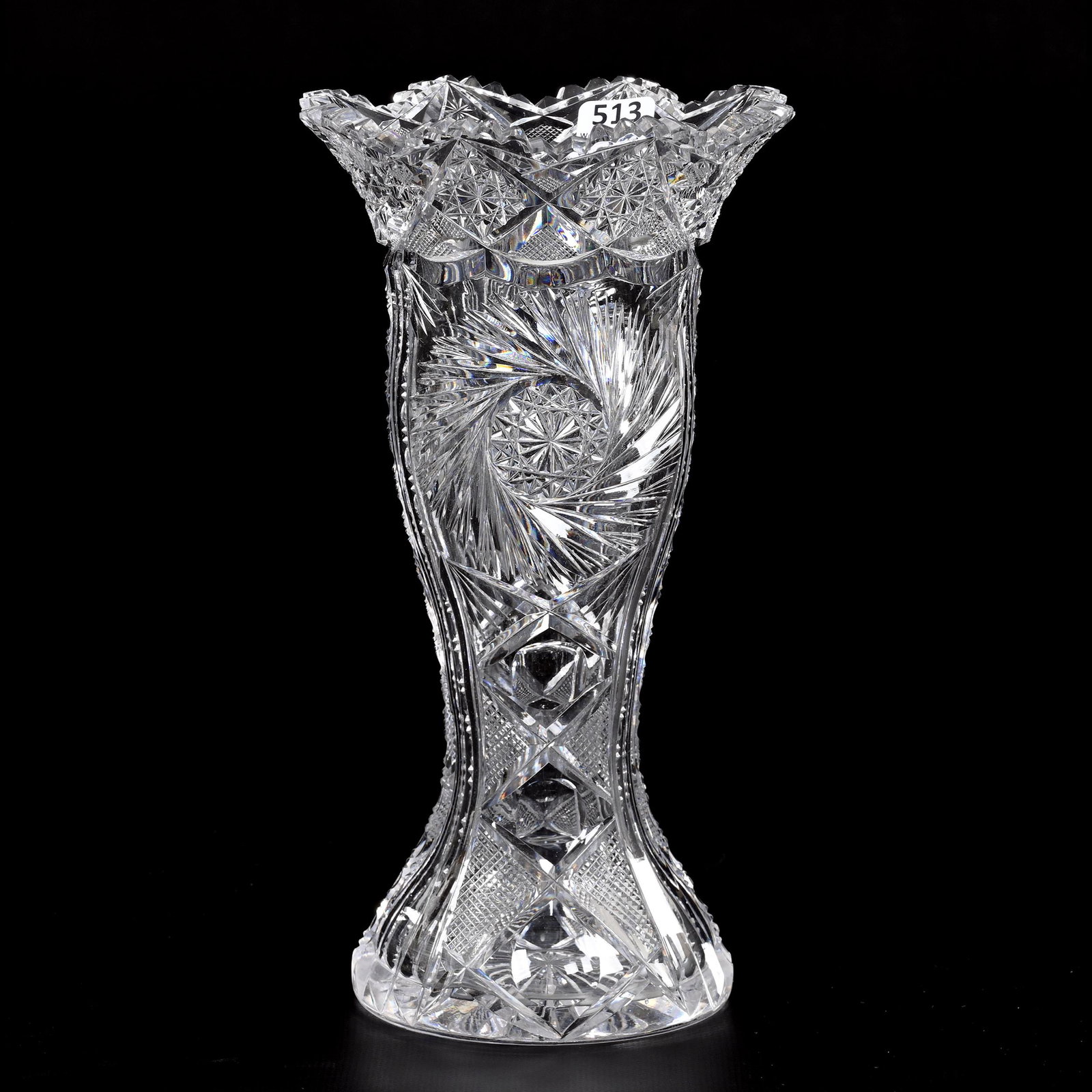 Vase, American Brilliant Cut Glass: Vase, American Brilliant Cut Glass, 10" x 5.5", Pinwheel, Hobstar, Prism, Strawberry Diamond, Punty And Fan Motif, Ray Cut Base, Tooth Nick, From The Collection Of Barbara And The Late Dr. William Shu