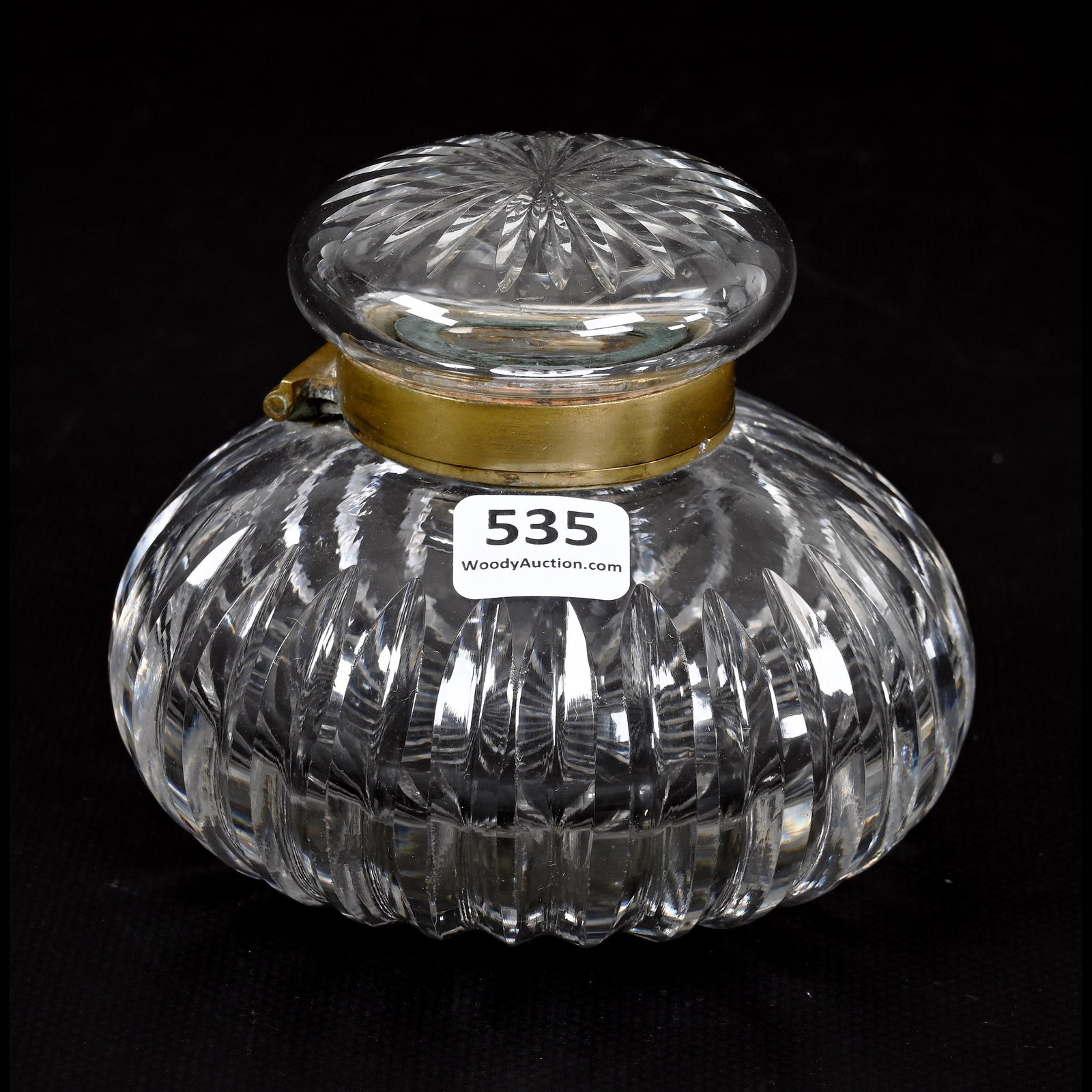 Inkwell, Clear Cut Glass: Inkwell, Clear Cut Glass, 3.75" x 4.5", Ribbed Design, Ray Cut Lid, Brass Fittings, From The Collection Of Barbara And The Late Dr. William Shulhof