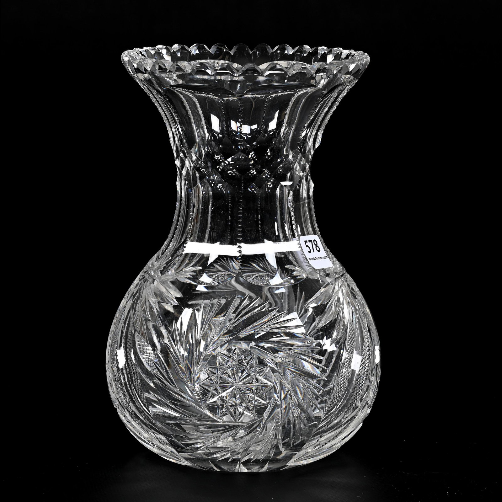 Vase, American Brilliant Cut Glass: Vase, American Brilliant Cut Glass, 7.5" x 5", Pinwheel, Vesica, Strawberry Diamond, Crosscut Diamond And Fan Motif, Ray Cut Base, From The Collection Of Barbara And The Late Dr. William Shulhof