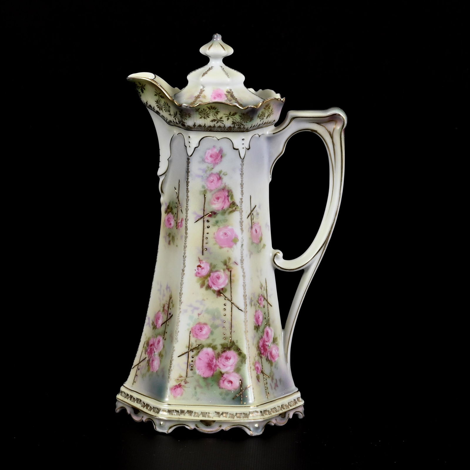 Chocolate Pot Marked R.S. Prussia, Six-Sided: Chocolate Pot Marked R.S. Prussia, Six-Sided, 10.5" x 6", Lavender And Green Satin Tones With Scattered Pink Rose Decor, Nice Gold Stencil Highlights, The David & Marlene Howard Collection.