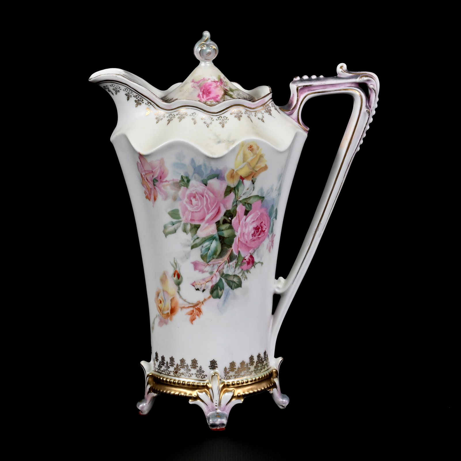 Chocolate Pot Marked R.S. Prussia: Chocolate Pot Marked R.S. Prussia, 9.75" x 7.25", White Satin Finish, Pink Rose Decor, Gold Stencil Highlights, Faint Half Inch Hairline On Spout, The David & Marlene Howard Collection.
