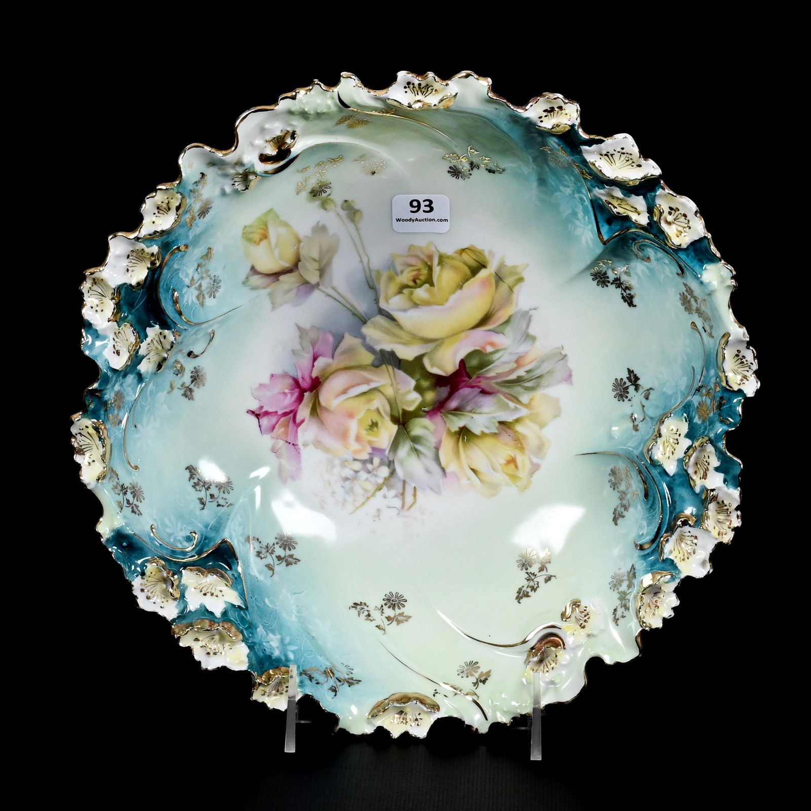 Bowl, Unmarked R.S. Prussia, Floral Mold: Bowl, Unmarked R.S. Prussia, Floral Mold, 10.5", Green Tones With Yellow Rose Decor, The David & Marlene Howard Collection.