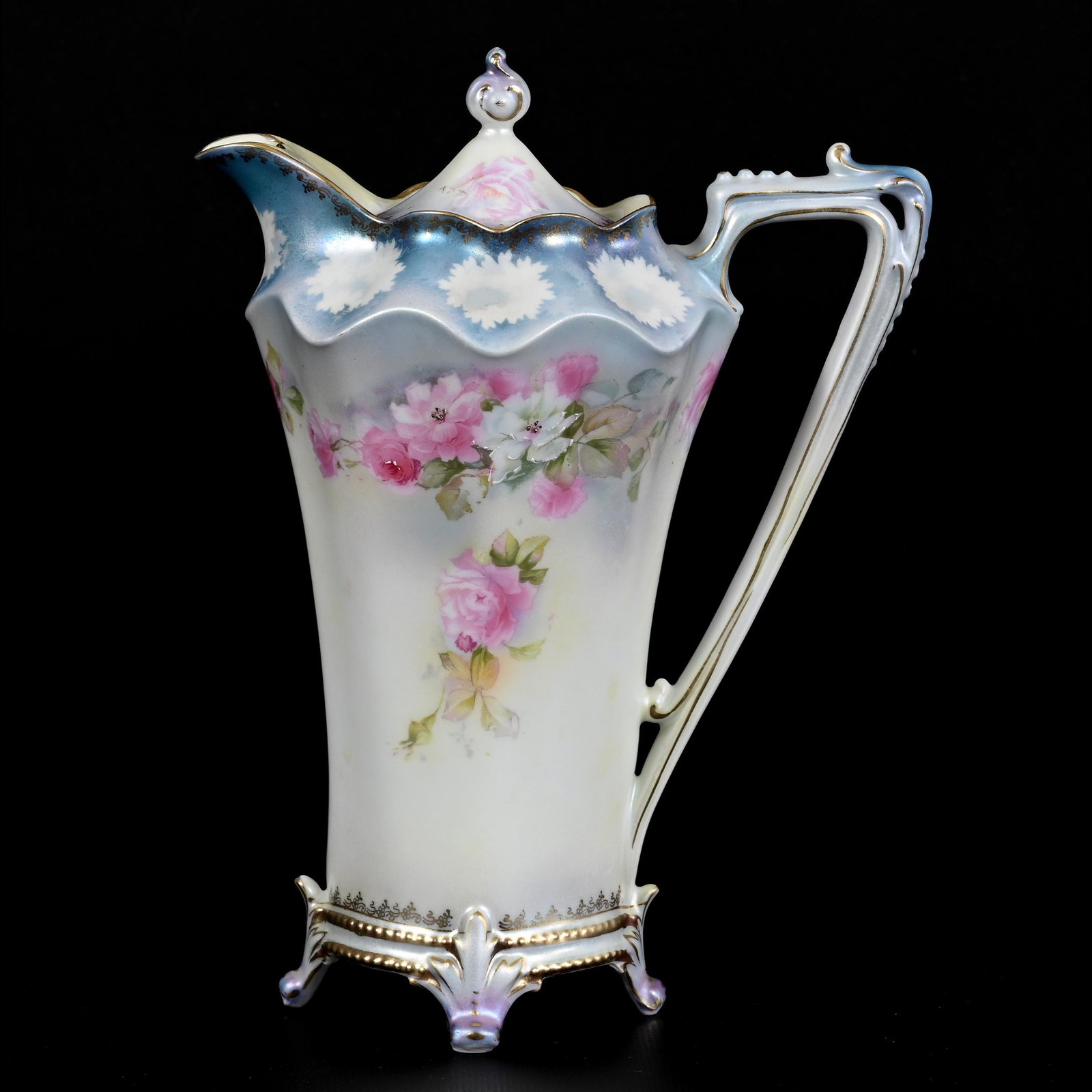 Chocolate Pot Marked R.S. Prussia: Chocolate Pot Marked R.S. Prussia, 9.75" x 7.25", Yellow And Blue Satin With Pink And White Floral Decor, Gold Stencil Highlights, The David & Marlene Howard Collection.
