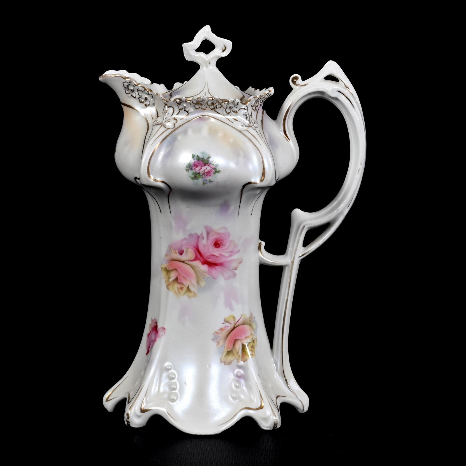 Chocolate Pot Marked R.S. Prussia: Chocolate Pot Marked R.S. Prussia, 10.5" x 7", Point And Clover Mold, White And Lavender Satin With Pink And Yellow Rose Decor, The David & Marlene Howard Collection.
