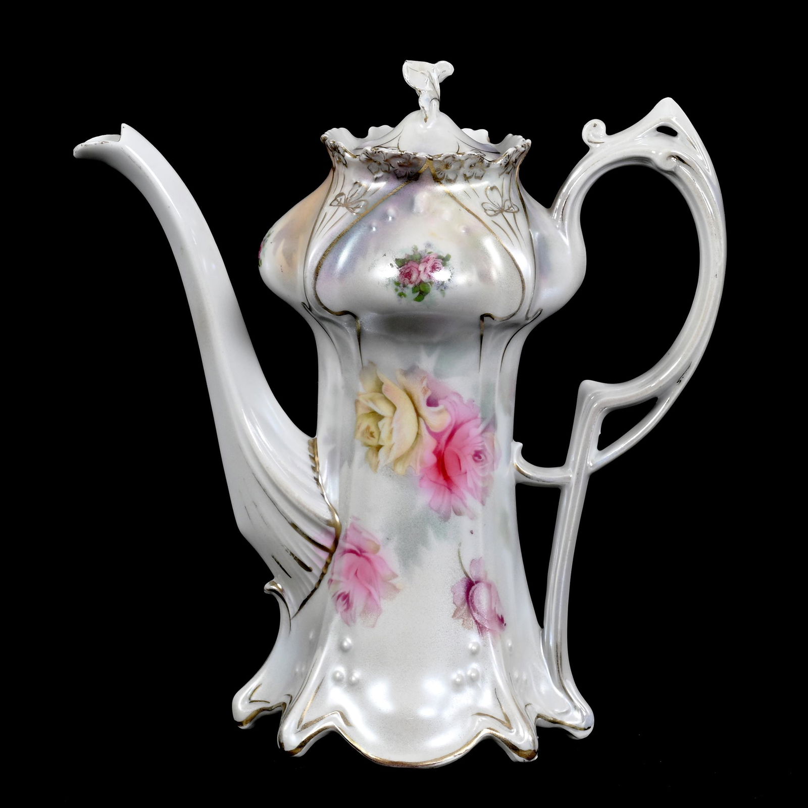 Demitasse Pot Marked R.S. Prussia: Demitasse Pot Marked R.S. Prussia, 9" x 8.5", Point And Clover Mold, White And Lavender Satin With Pink And Yellow Rose Decor, The David & Marlene Howard Collection.