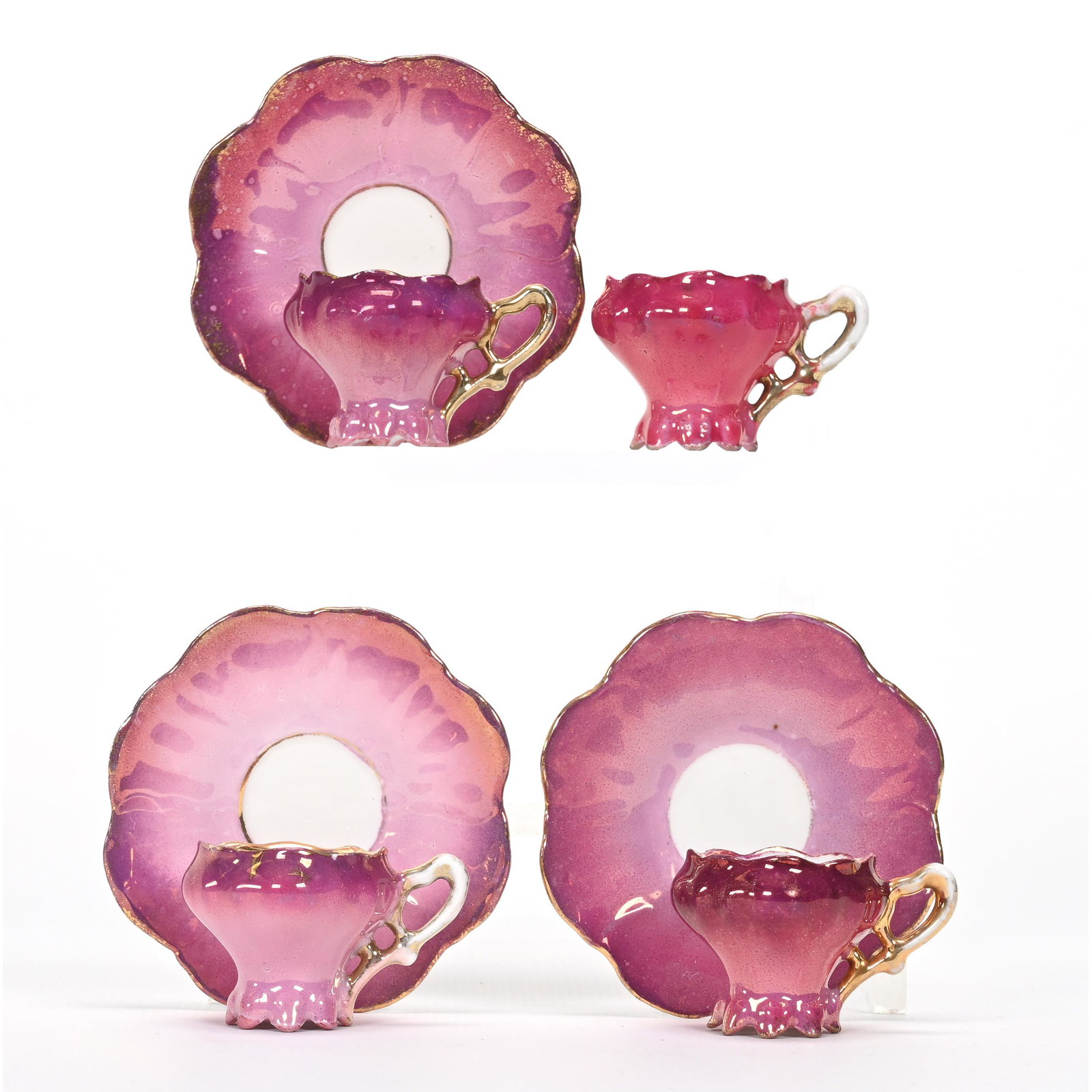 (3) Miniature Cups & Saucers, Unmarked Prussia: (3) Miniature Cups & Saucers, Unmarked Prussia, 1.25" x 2.5", All Are Pink Luster With Gold Interiors, The David & Marlene Howard Collection.