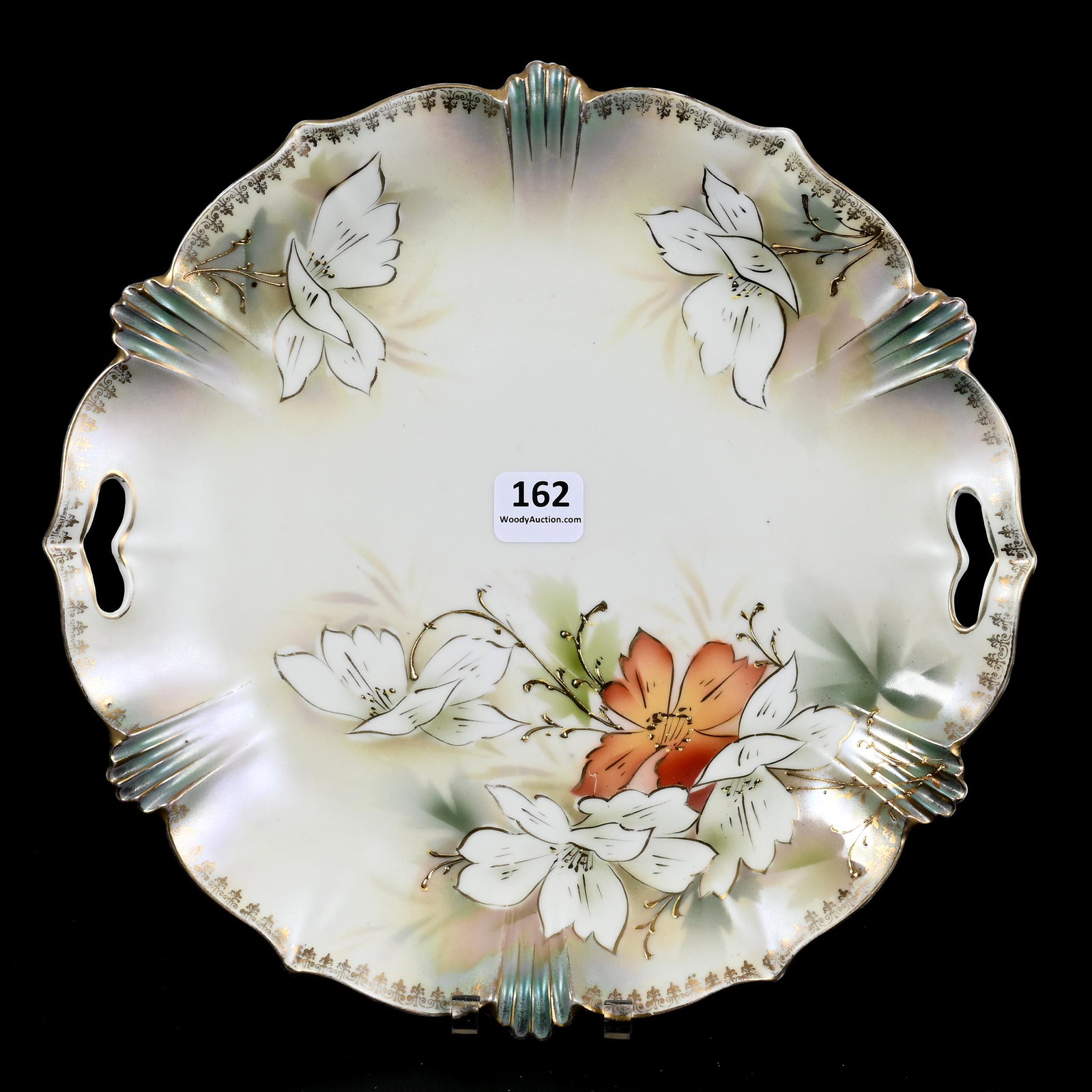 Cake Plate Marked R.S. Prussia: Cake Plate Marked R.S. Prussia, 9.5", Cream And Green Satin Finish, Stylized Floral Decor, Gold Stencil Highlights, The David & Marlene Howard Collection.