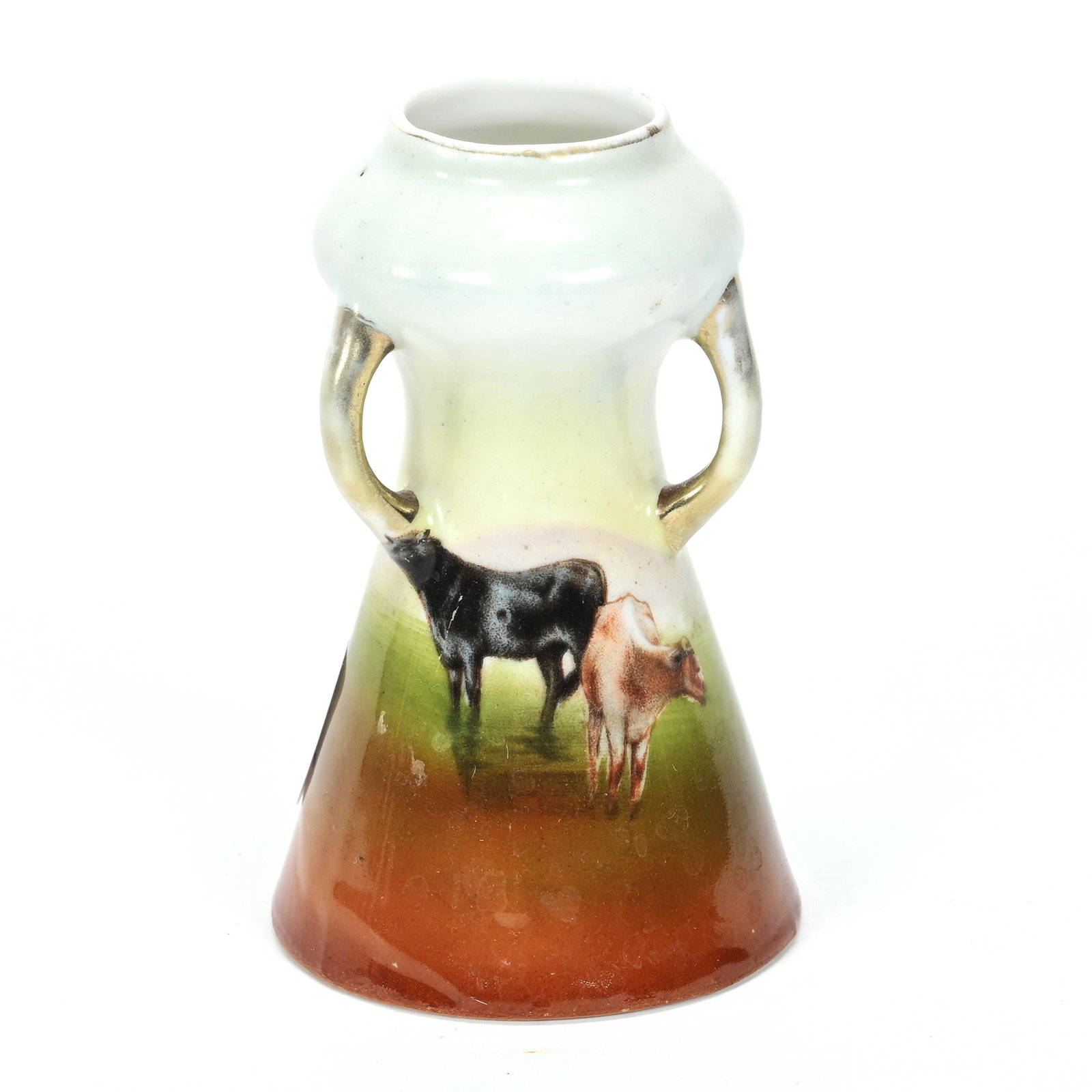 Vase, Three Handles, Unmarked Royal Bayreuth: Vase, Three Handles, Unmarked Royal Bayreuth, 3.25" x 2", Blue, Green And Brown Tones, Cattle Scenic Decor, The David & Marlene Howard Collection.