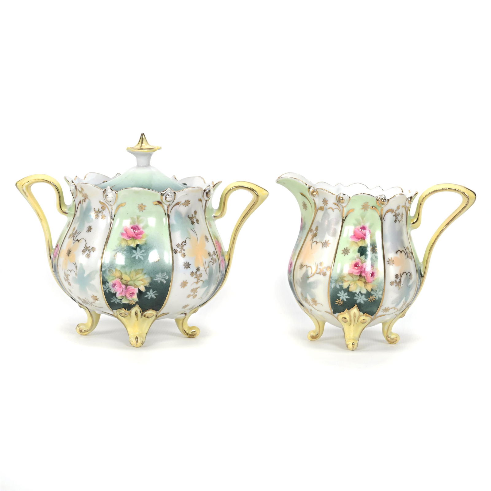 Footed Creamer & Sugar Marked R.S. Prussia: Footed Creamer & Sugar Marked R.S. Prussia, 5" x 6", Green and Cream Tones, Pink Rose Decor, Gold Stencil Highlights, Nice Set, The David & Marlene Howard Collection.