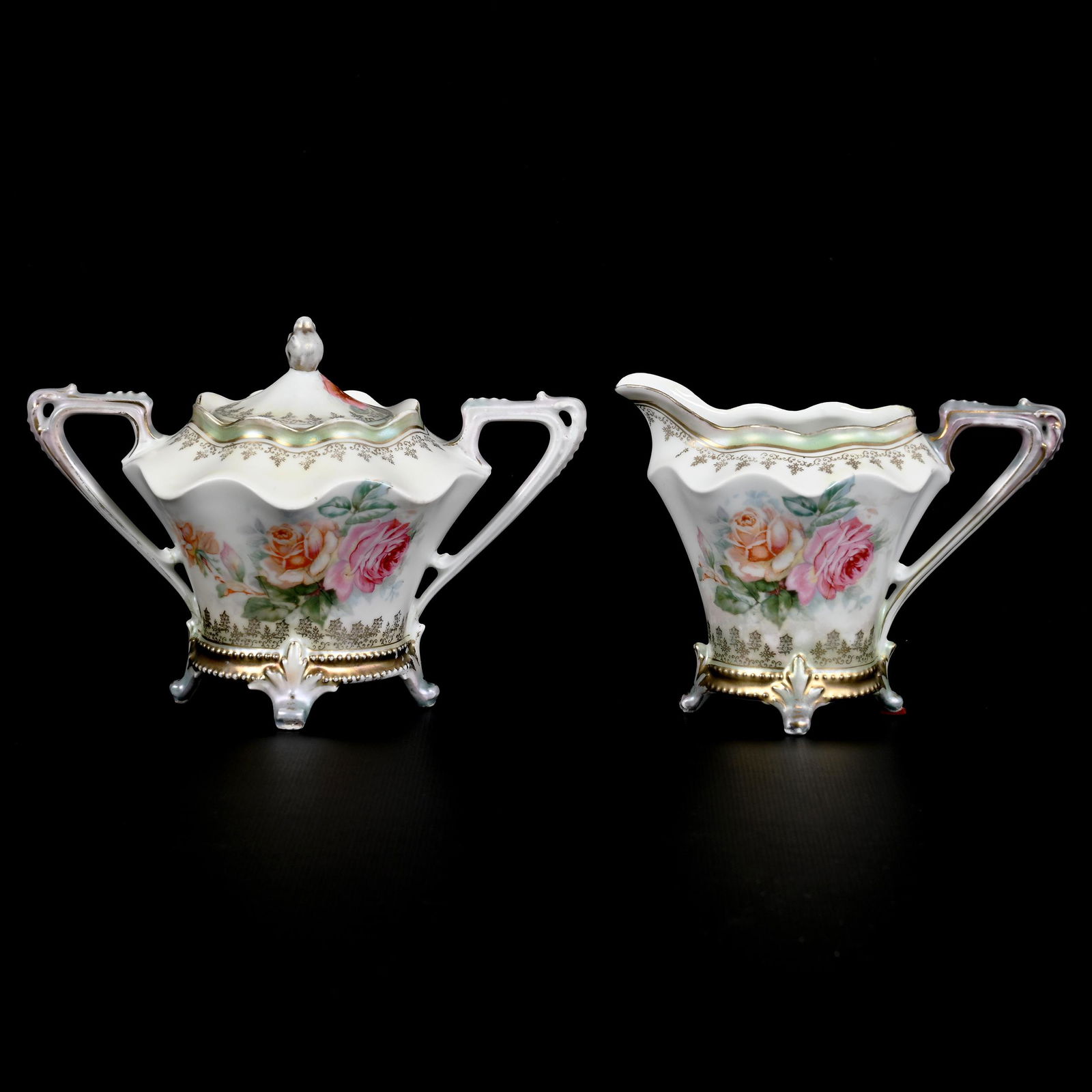Creamer & Sugar Marked R.S. Prussia: Creamer & Sugar Marked R.S. Prussia, 5.25" x 7.25", White And Green Satin With Rose Decor, The David & Marlene Howard Collection.