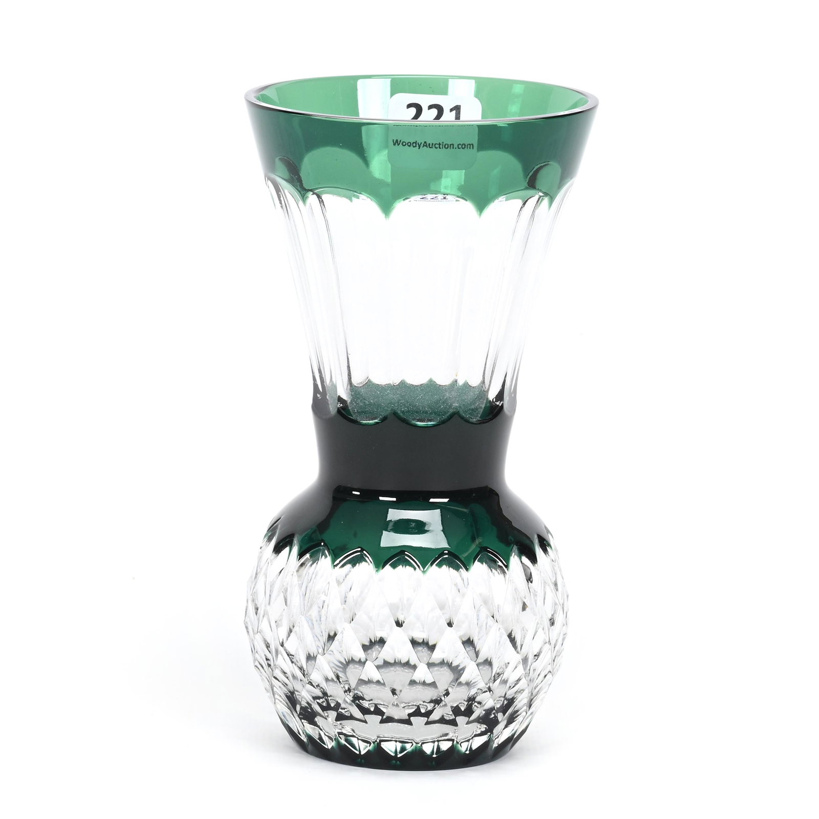 Vase, Green Cut To Clear: Vase, Green Cut To Clear, 6" x 3.25", Diamond And Flute Pattern Design, Unknown Maker, Nice Quality, The David & Marlene Howard Collection.