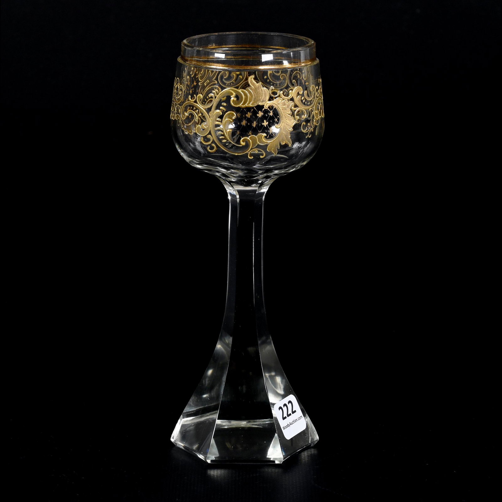 Wine Stem, Unmarked Moser Style Art Glass: Wine Stem, Unmarked Moser Style Art Glass, 7.5" x 2.75", Clear Crystal With Gold Enamel Scroll Design, The David & Marlene Howard Collection.
